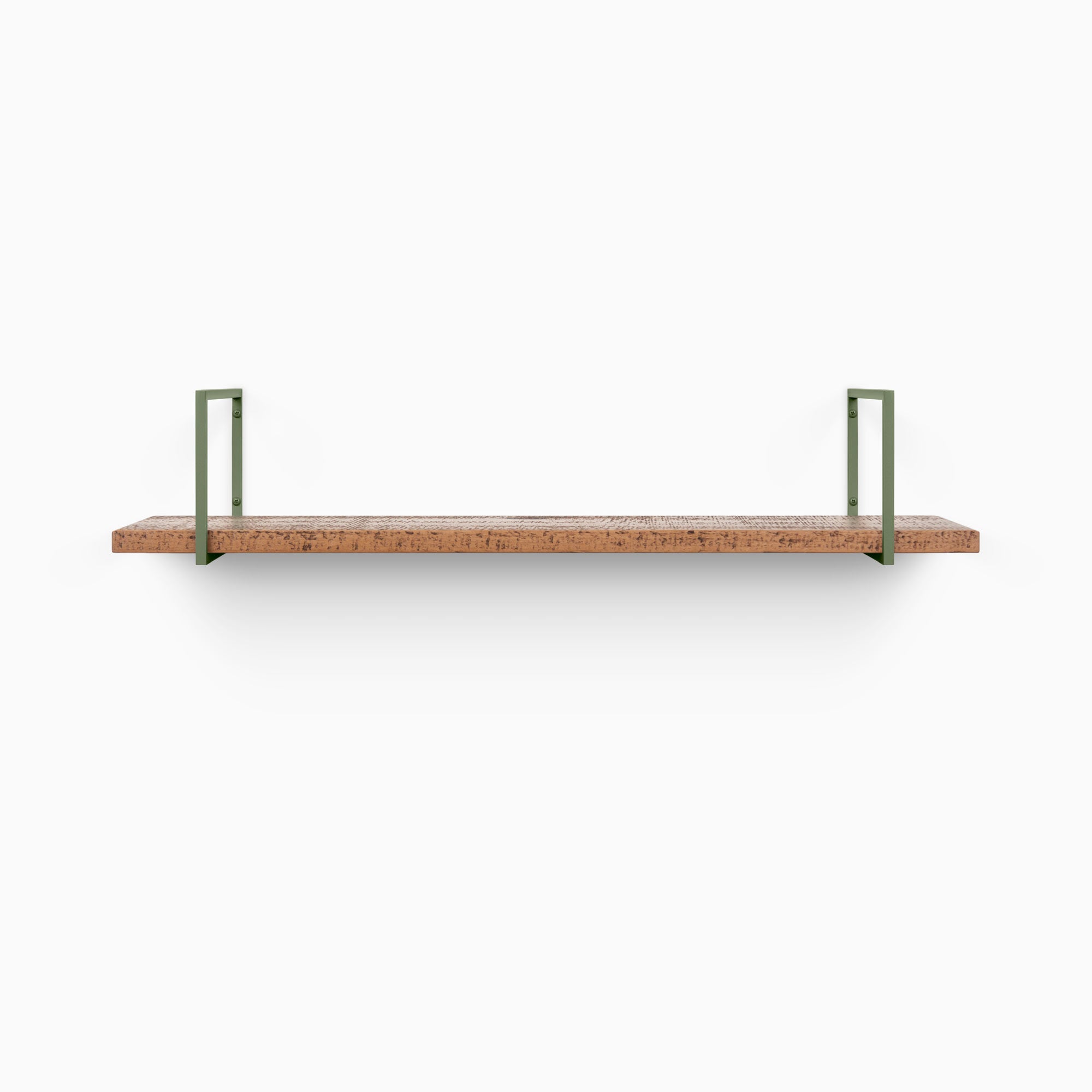 Bart Nutmeg Rustic Wall Shelf with green steel floating shelf brackets for minimalist wood floating shelf display and organization