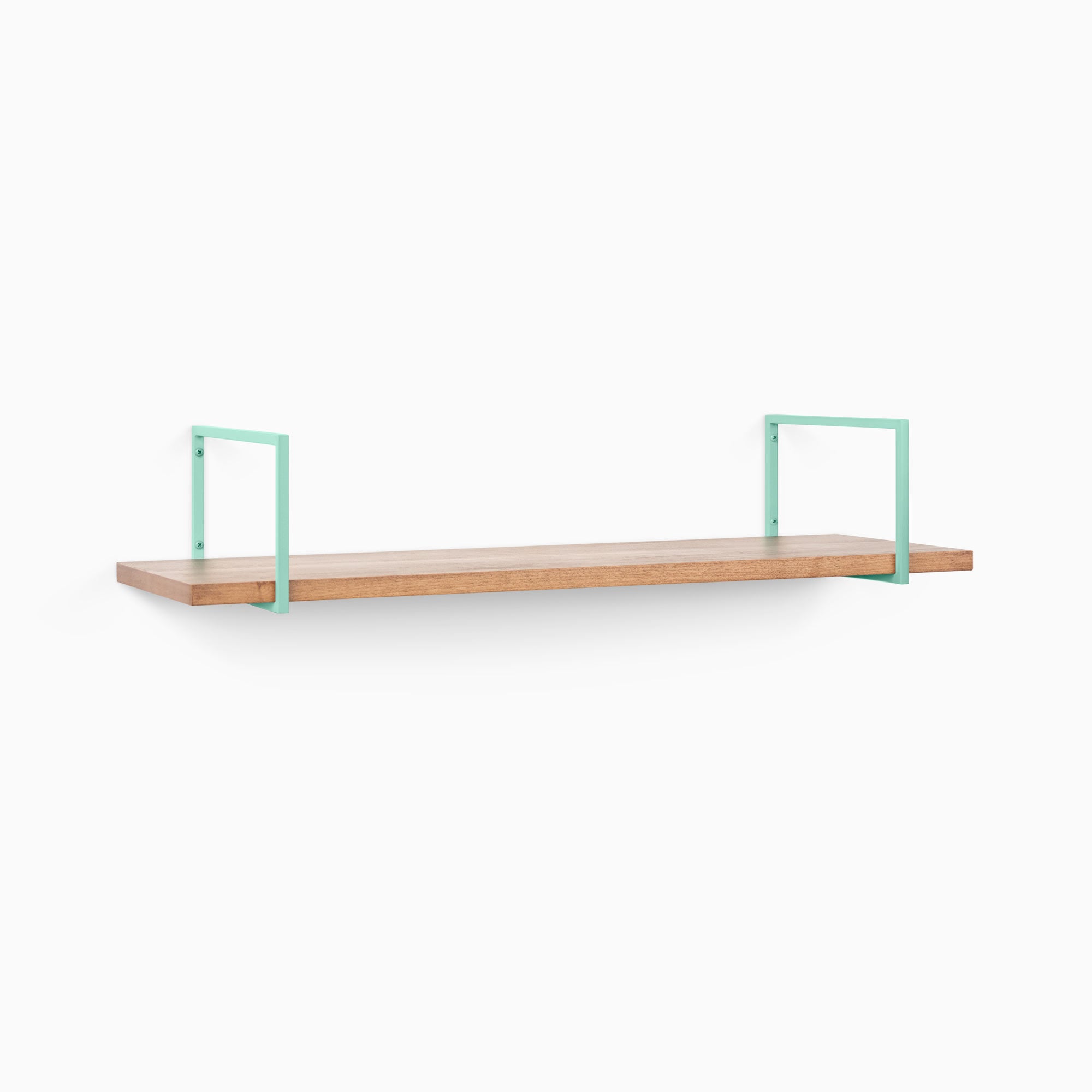 Bart Nutmeg Wall Shelf with smooth nutmeg wood and minimalist mint green metal floating shelf brackets for modern organization