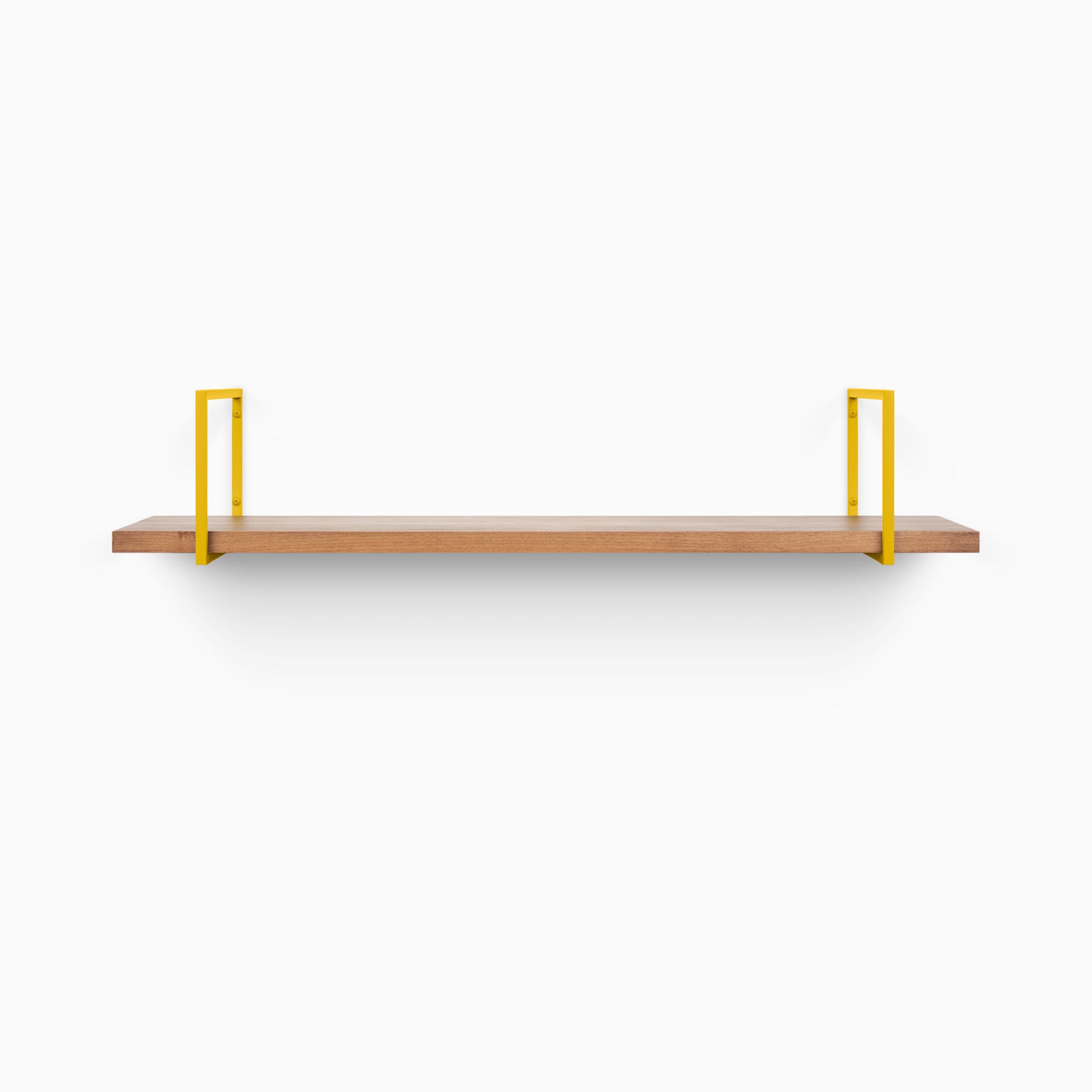 Bart Nutmeg Wall Shelf with smooth nutmeg wood and vibrant yellow metal floating shelf brackets for modern wall display