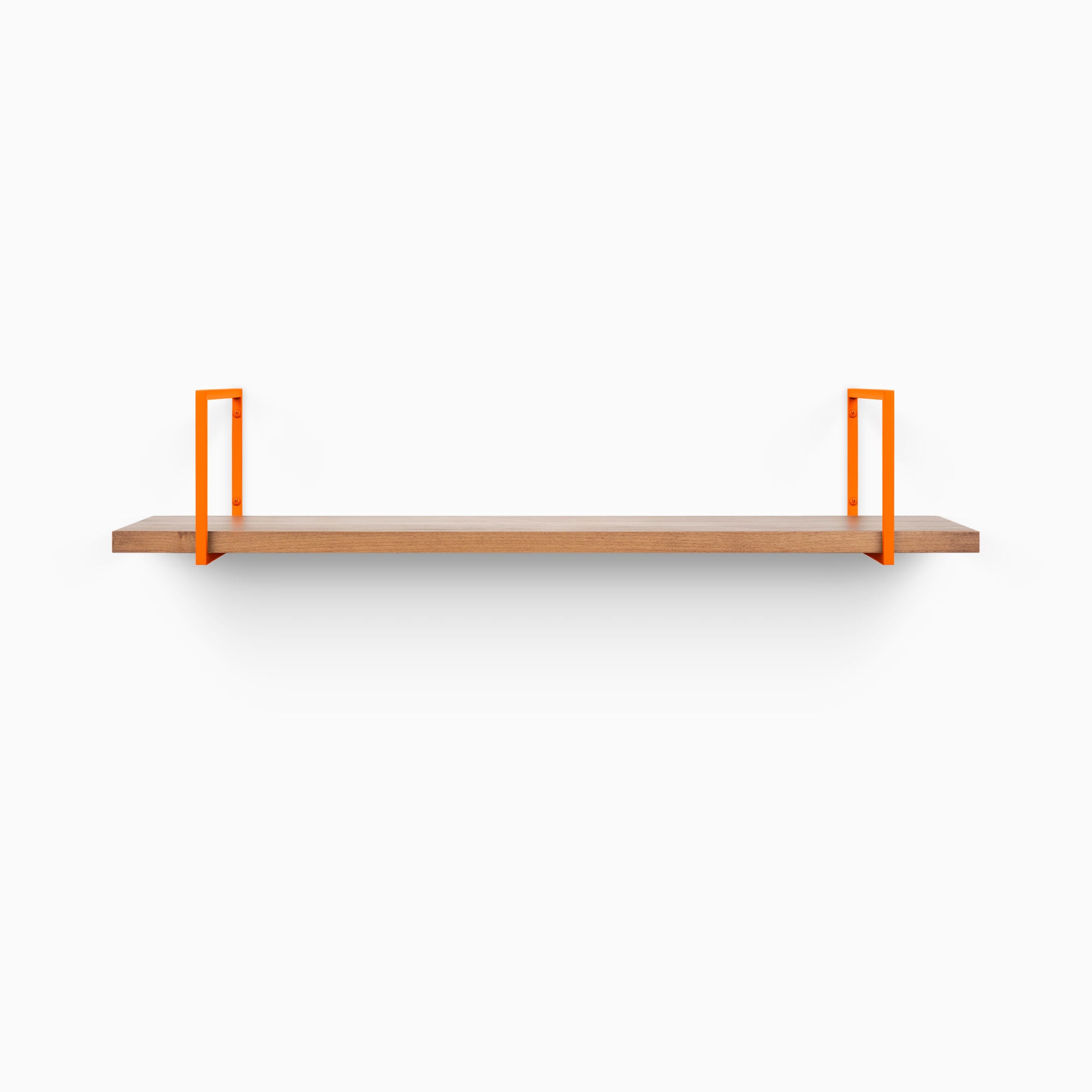 Bart Nutmeg Wall Shelf with smooth nutmeg wood and vibrant orange metal floating shelf brackets for modern display and organization