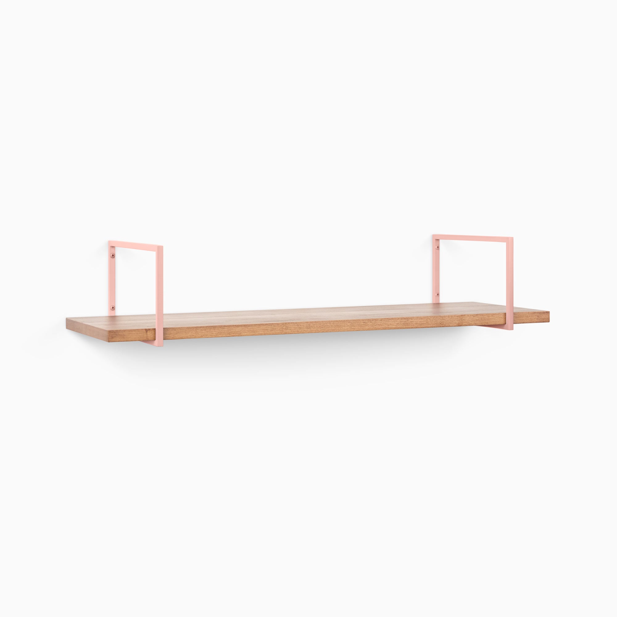 Bart Nutmeg Wall Shelf with smooth nutmeg wood and soft pink metal floating shelf brackets for stylish wall display and organization