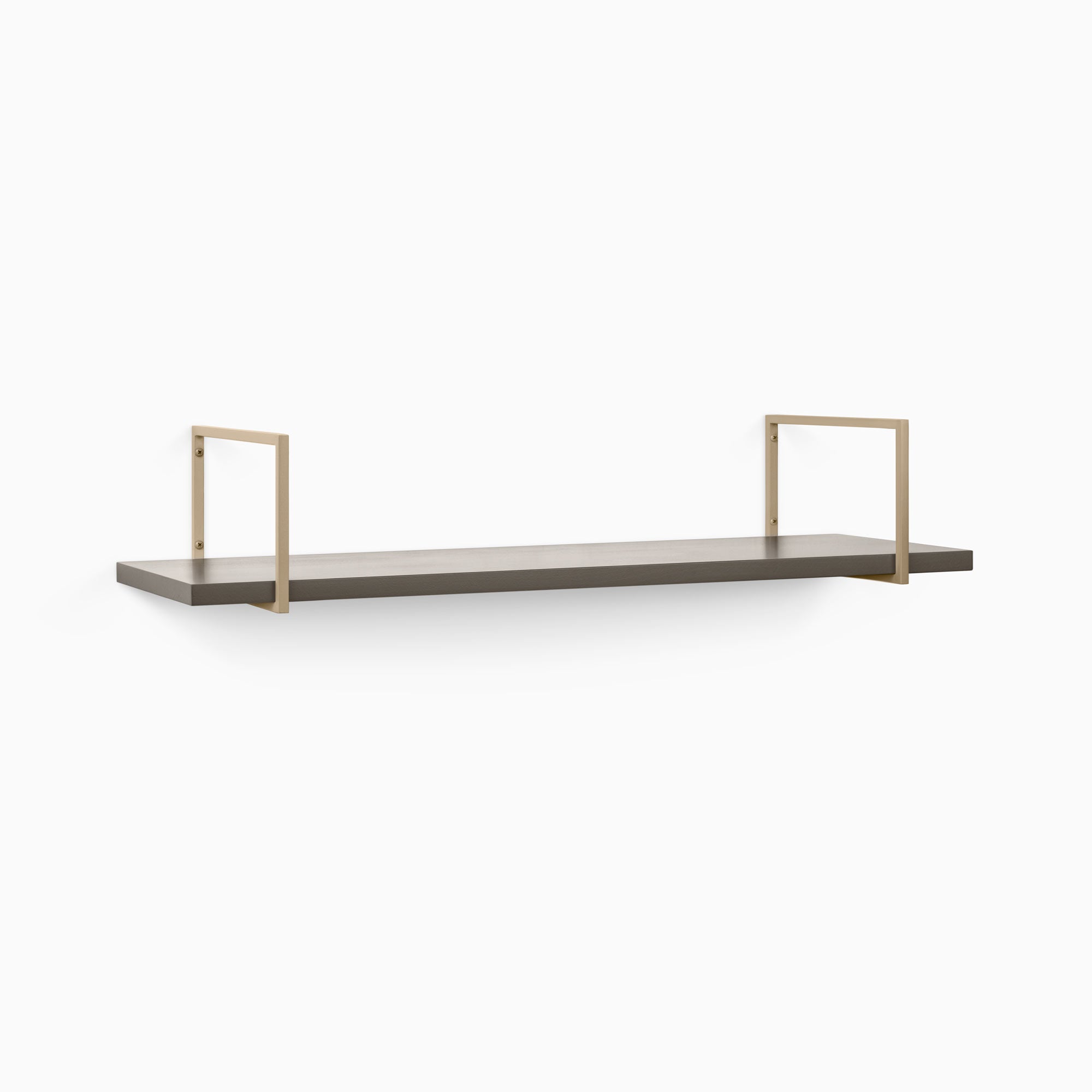 Bart Tungsten Wall Shelf with smooth tungsten finish and minimalist brass metal brackets for modern wall shelf display