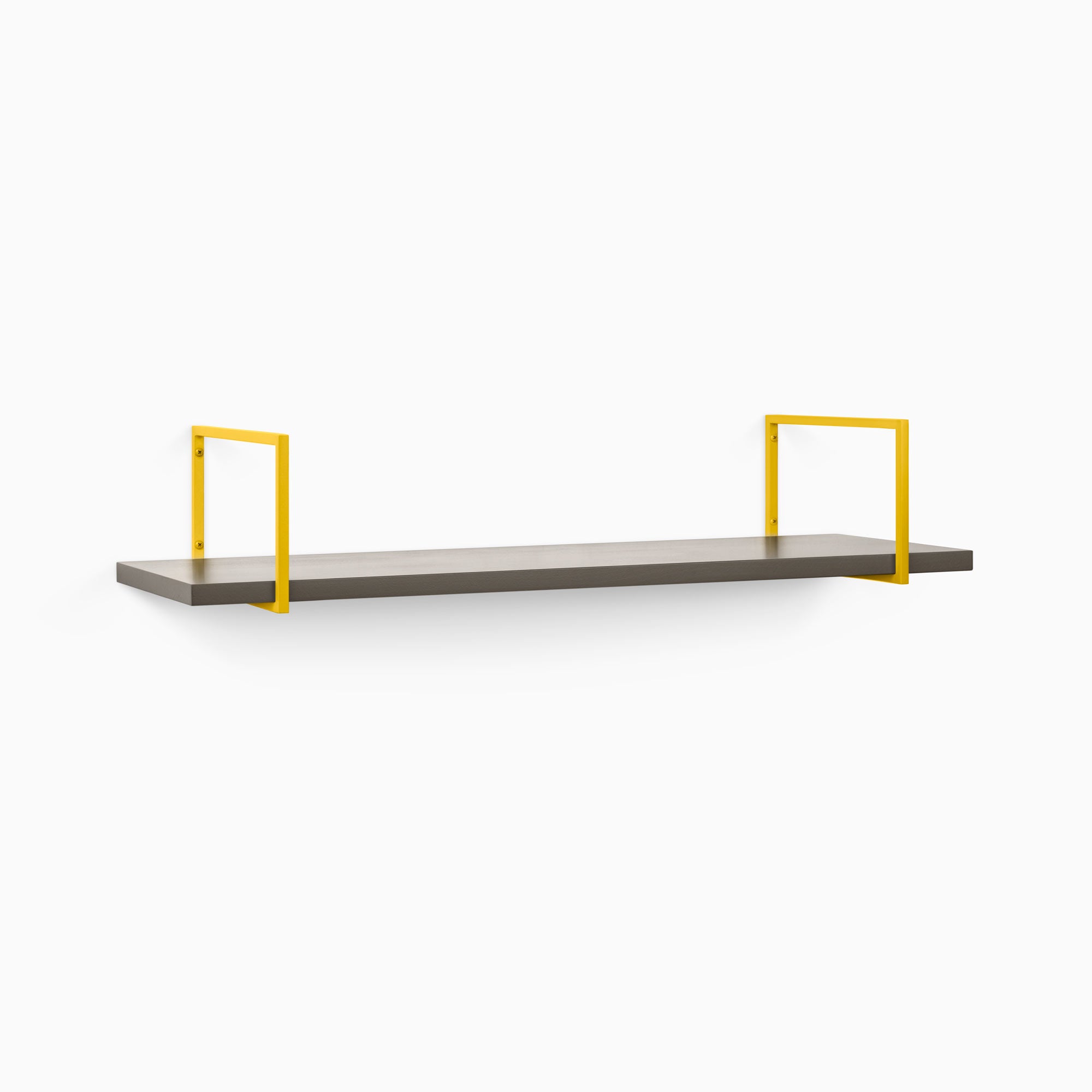 Bart Tungsten Wall Shelf with smooth tungsten surface and bright yellow metal floating shelf brackets for modern wall display