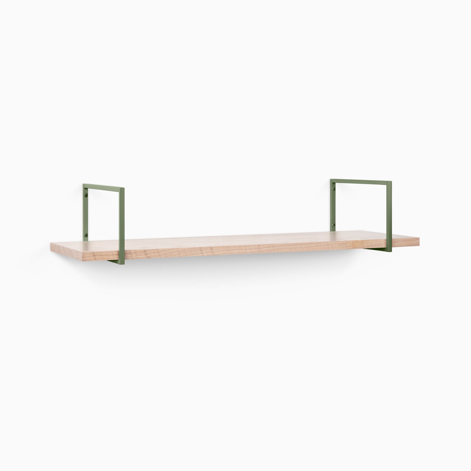 Bart Glazed White Oak Wall Shelf with smooth white oak and minimalist olive green metal floating shelf brackets for modern display