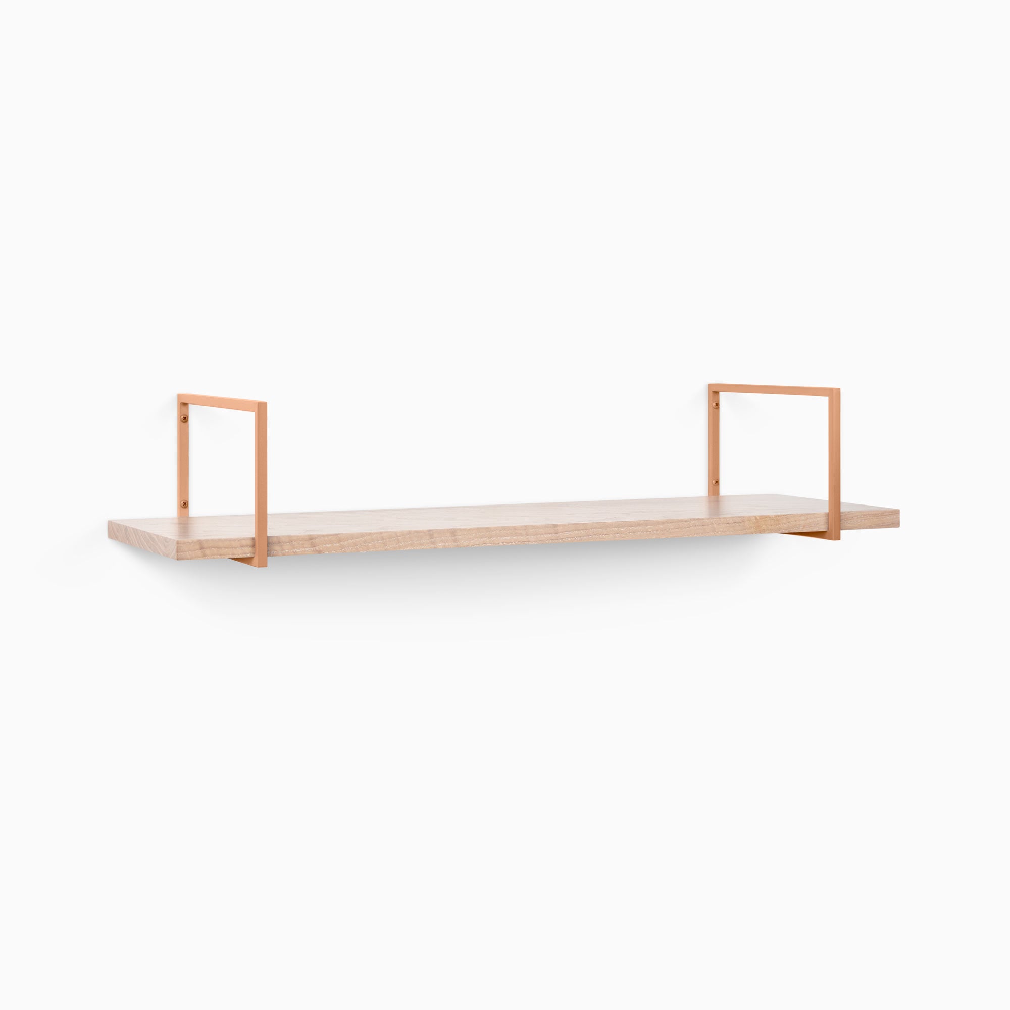 Bart Glazed White Oak Wall Shelf with smooth white oak and minimalist copper metal floating shelf brackets for elegant display and storage