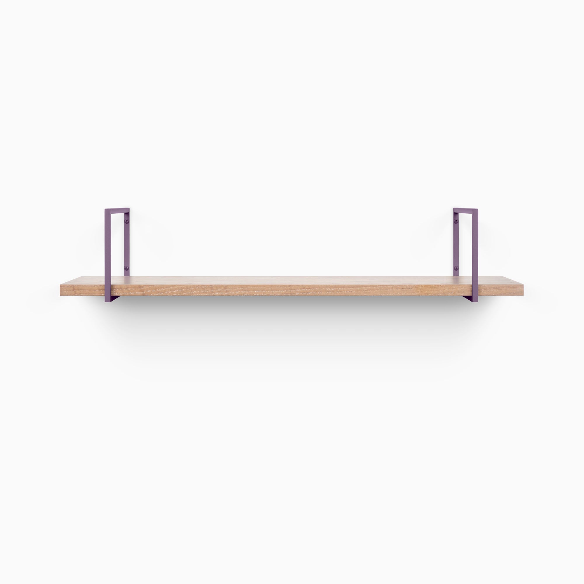 Bart Glazed White Oak Wall Shelf with smooth white oak and muted purple metal floating shelf brackets for minimalist display