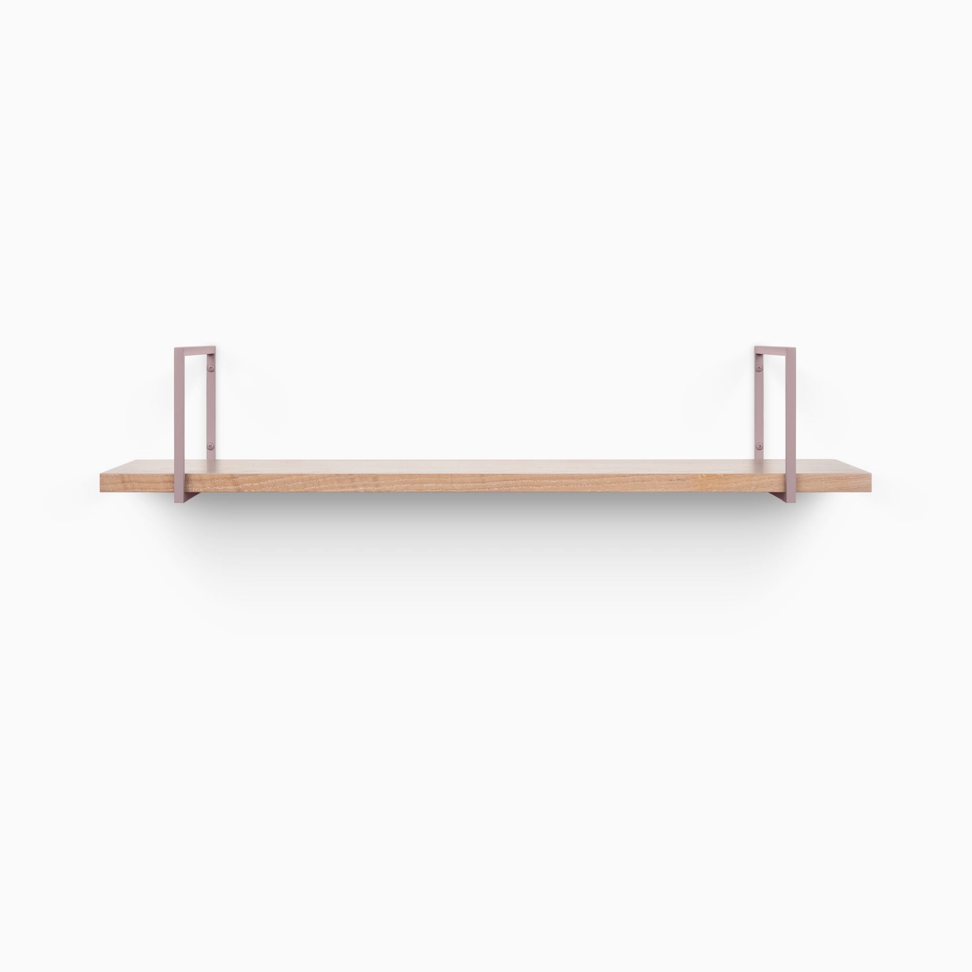 Bart Glazed White Oak Wall Shelf with smooth white oak and minimalist muted purple metal floating shelf brackets for stylish display