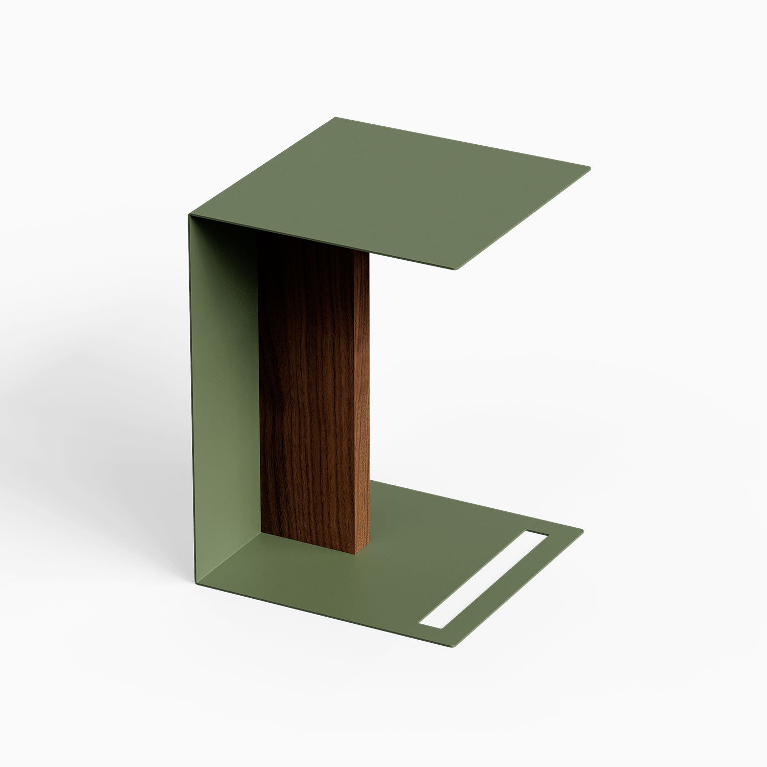 Baxter Side Table with a minimalist green steel frame and dark wood support panel for compact display and organization