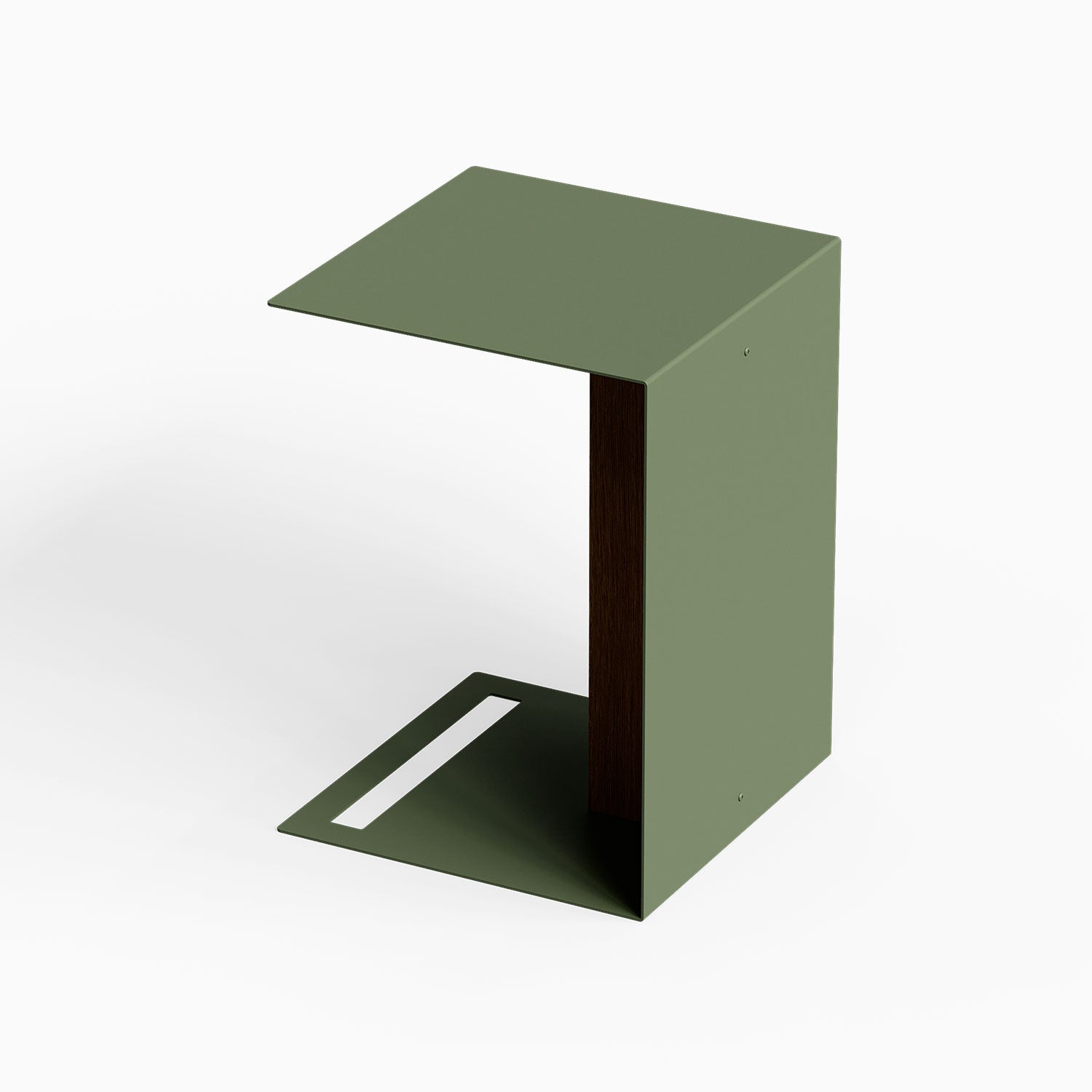 Baxter Side Table with a minimalist green steel frame dark wood accent and open cantilever base for modern spaces