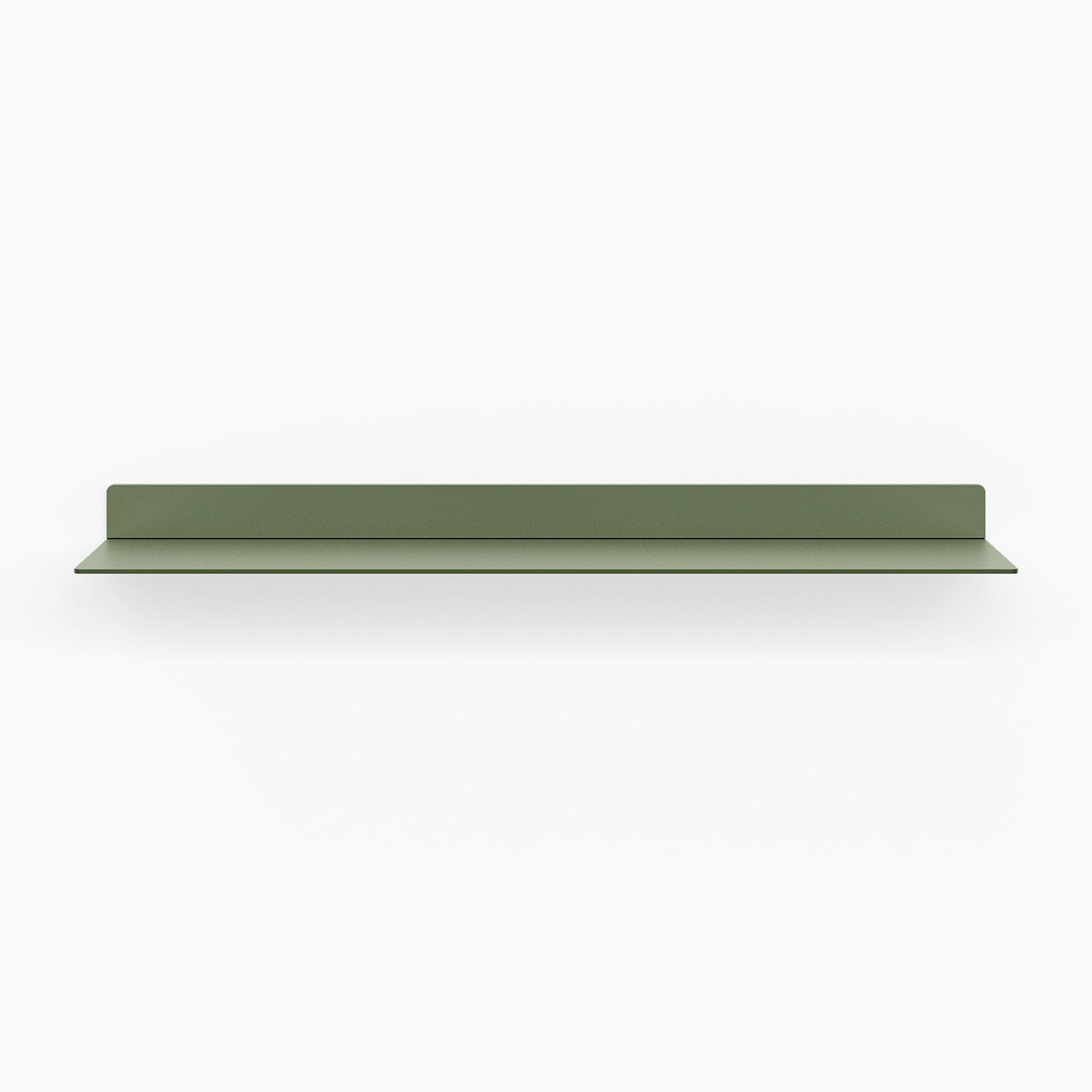 Beefy Bender FM 1 Metal Wall Shelf in muted olive green, sturdy minimalist metal floating shelf designed for versatile wall display and organization.