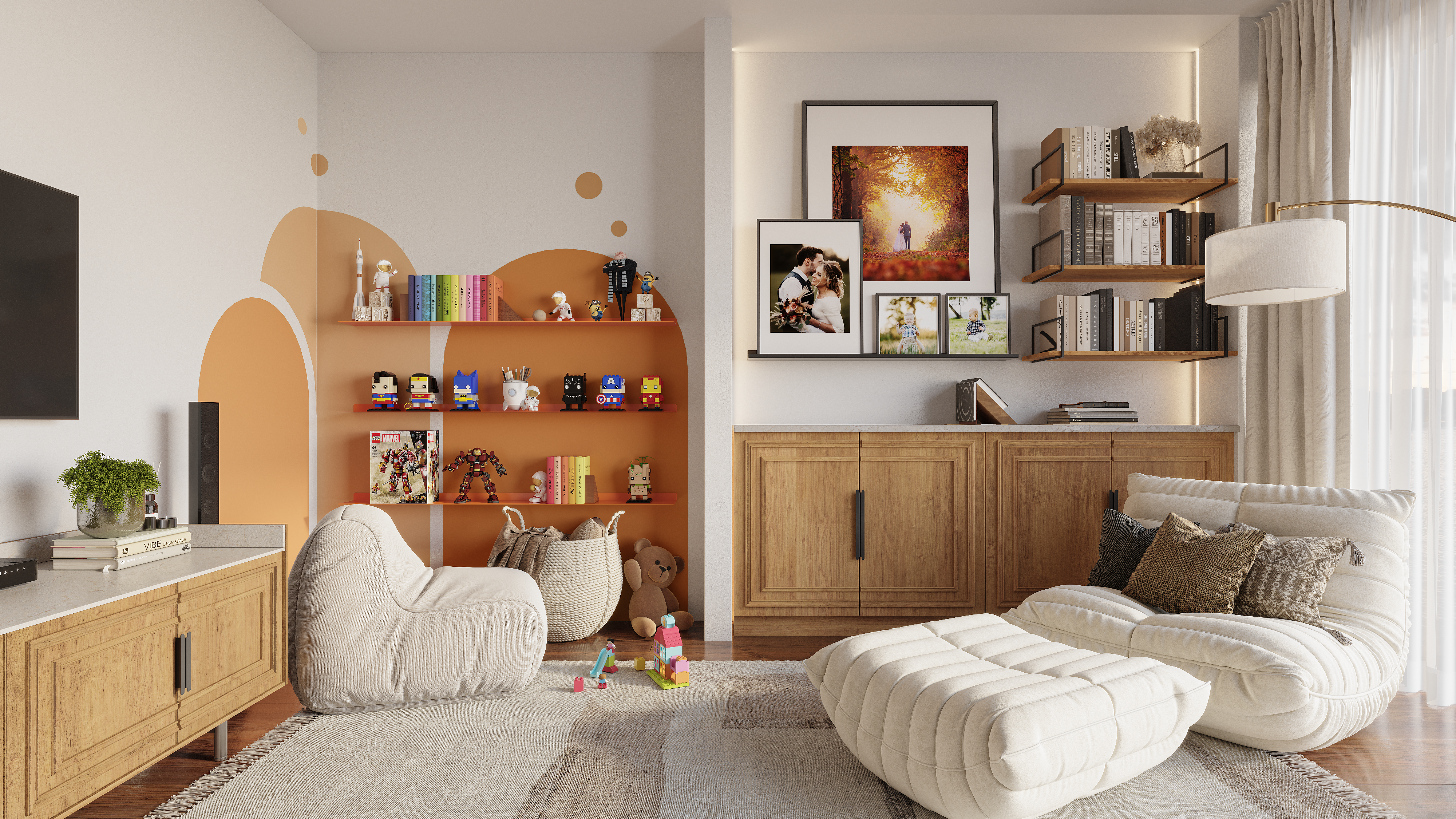Warm modern living room with wood cabinetry wall shelves framed artwork plush seating and a tufted ottoman beside tall windows