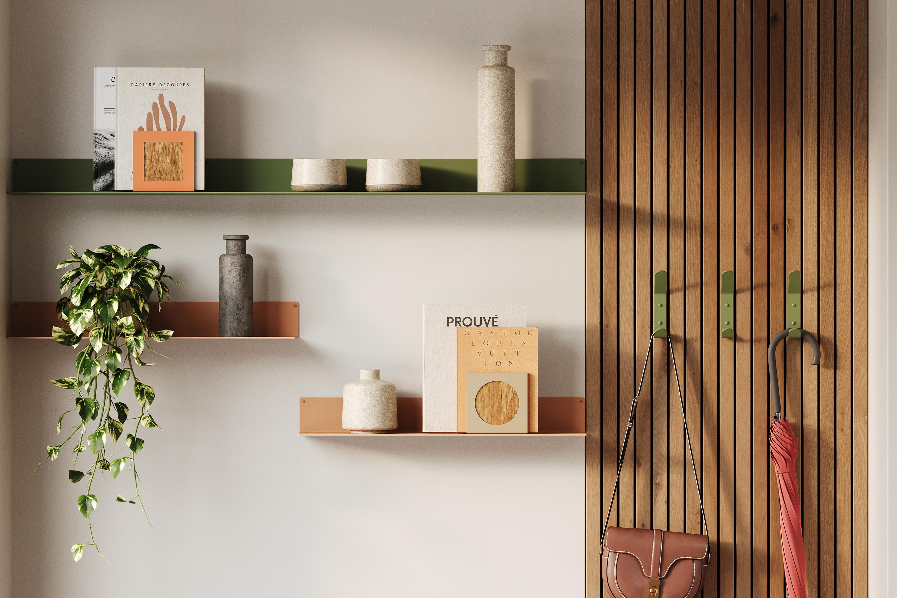 Clearance — Bender FM 1 Metal Wall Shelf — 36" length x 6" depth in mixed wood and steel against minimalist wall with accessories