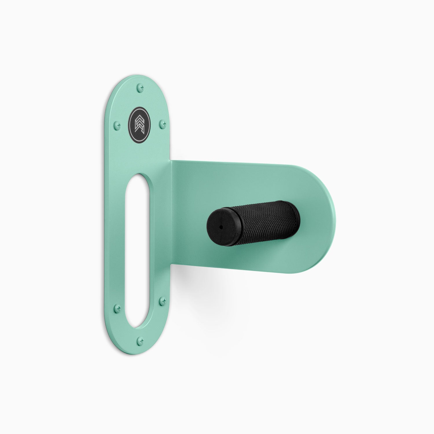 Spoke Bike Hanger – aqua socks color, right orientation. Modern wall or ceiling-mounted bike hanger by Shelfology, USA-made powder coated steel.