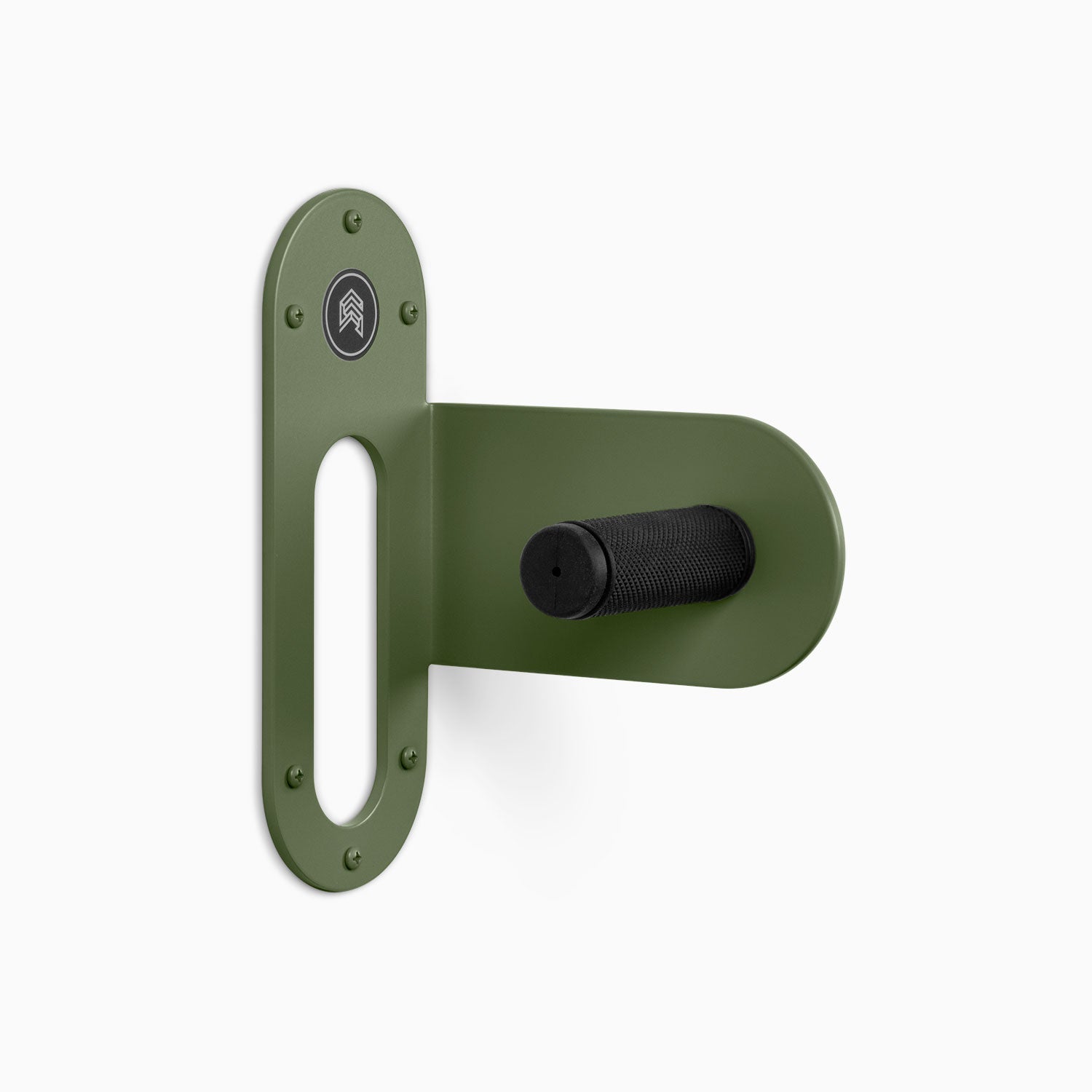 Spoke Bike Hanger – army brat color, right orientation. Modern wall or ceiling-mounted bike hanger by Shelfology, USA-made powder coated steel.