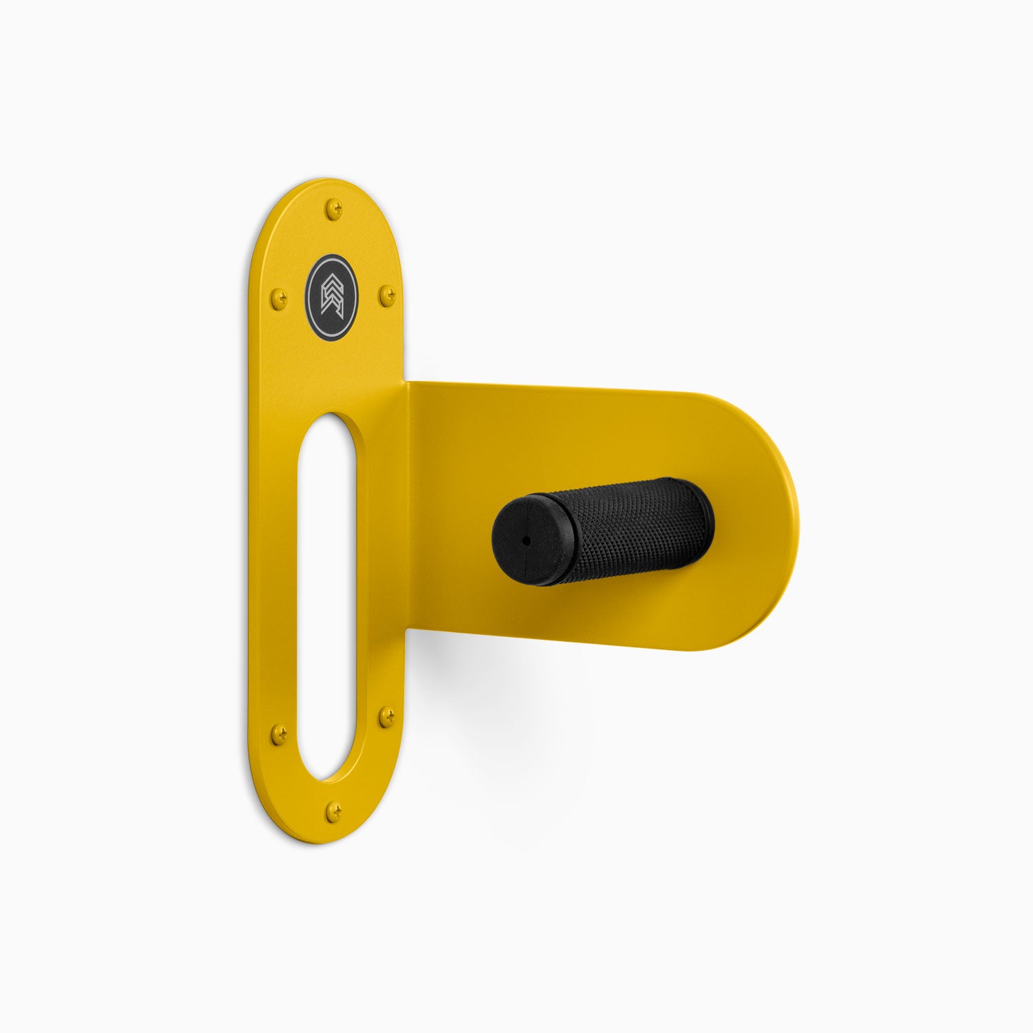 Spoke Bike Hanger – honey mustard color, right orientation. Modern wall or ceiling-mounted bike hanger by Shelfology, USA-made powder coated steel.