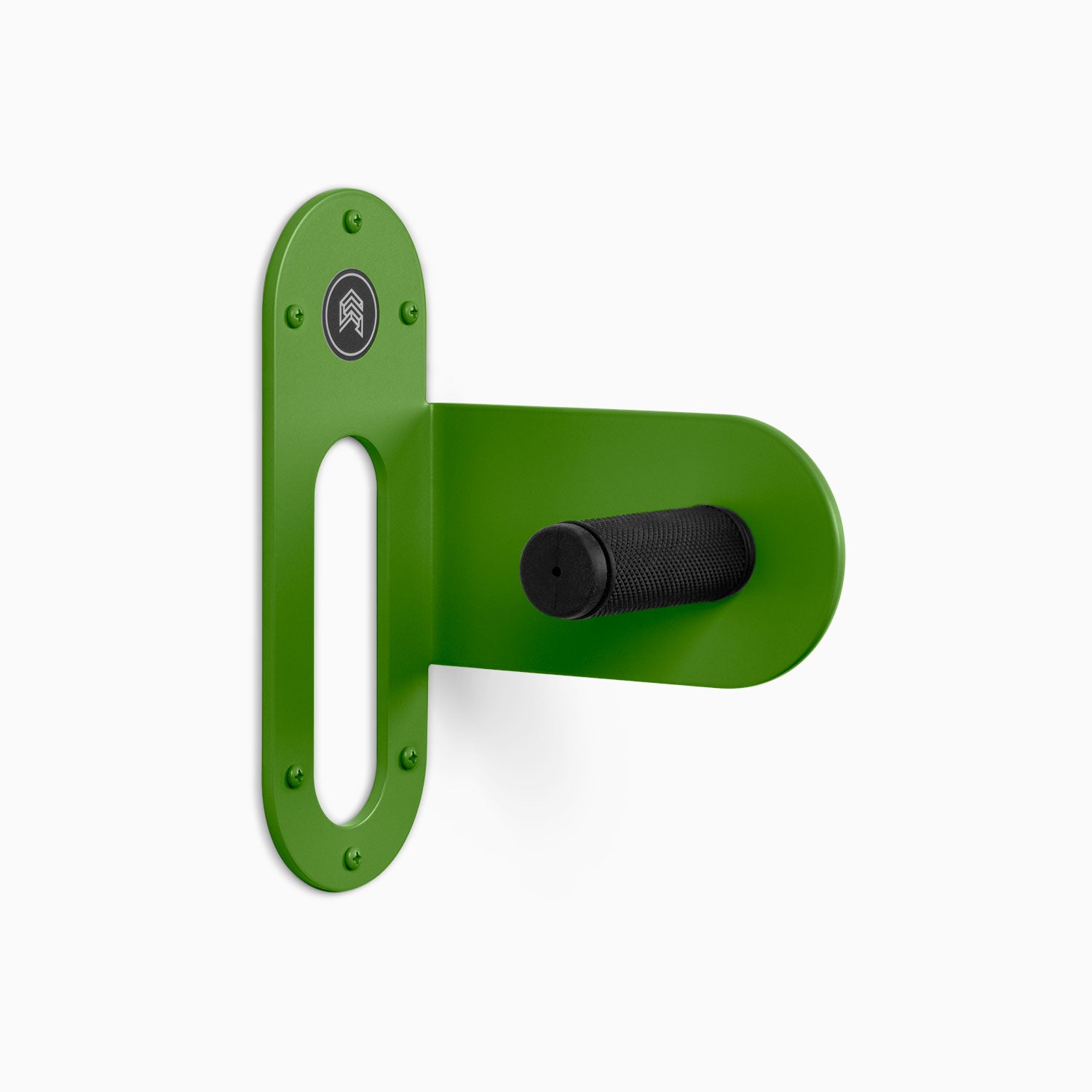 Spoke Bike Hanger – lime wire color, right orientation. Modern wall or ceiling-mounted bike hanger by Shelfology, USA-made powder coated steel.