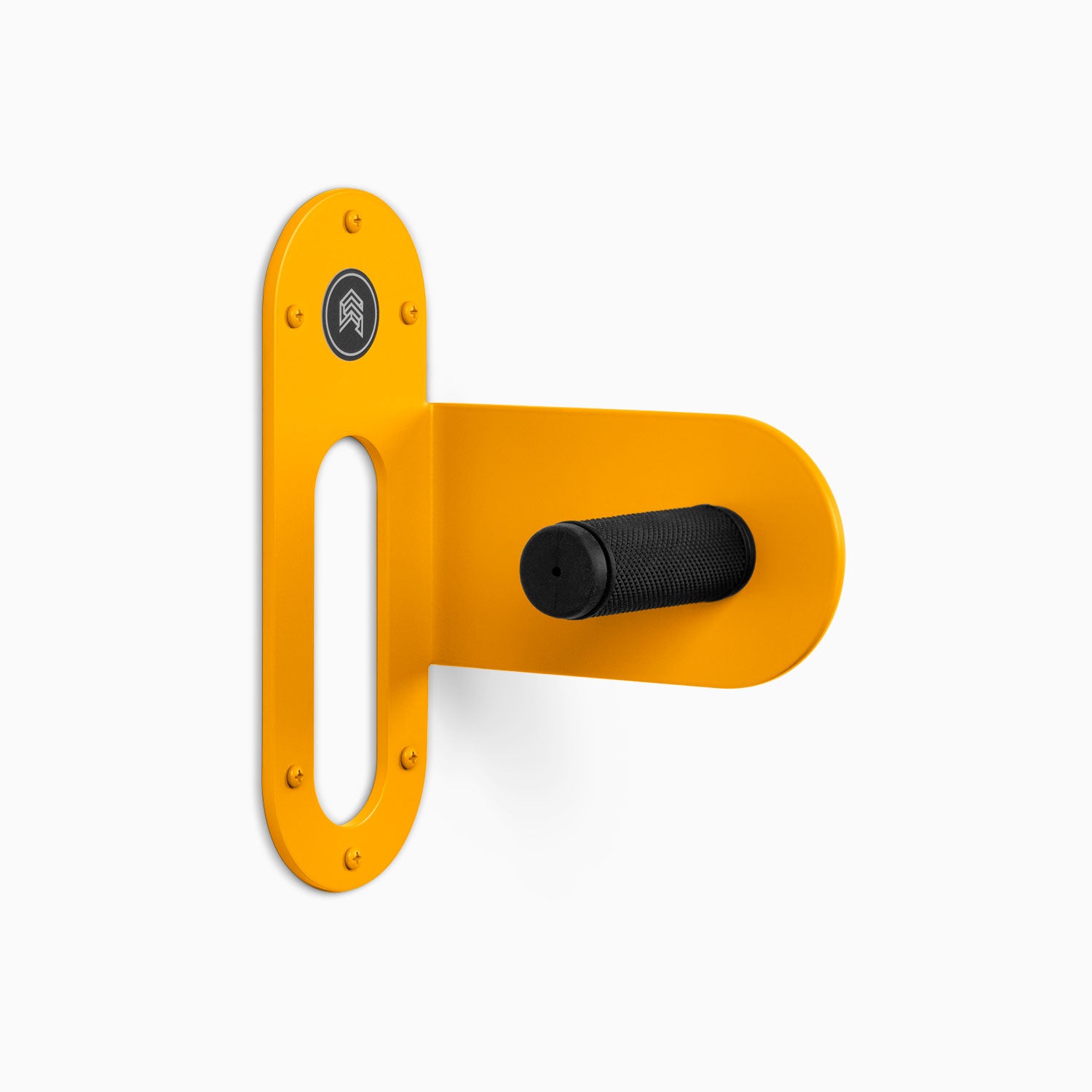 Spoke Bike Hanger – oranage crush color, right orientation. Modern wall or ceiling-mounted bike hanger by Shelfology, USA-made powder coated steel.