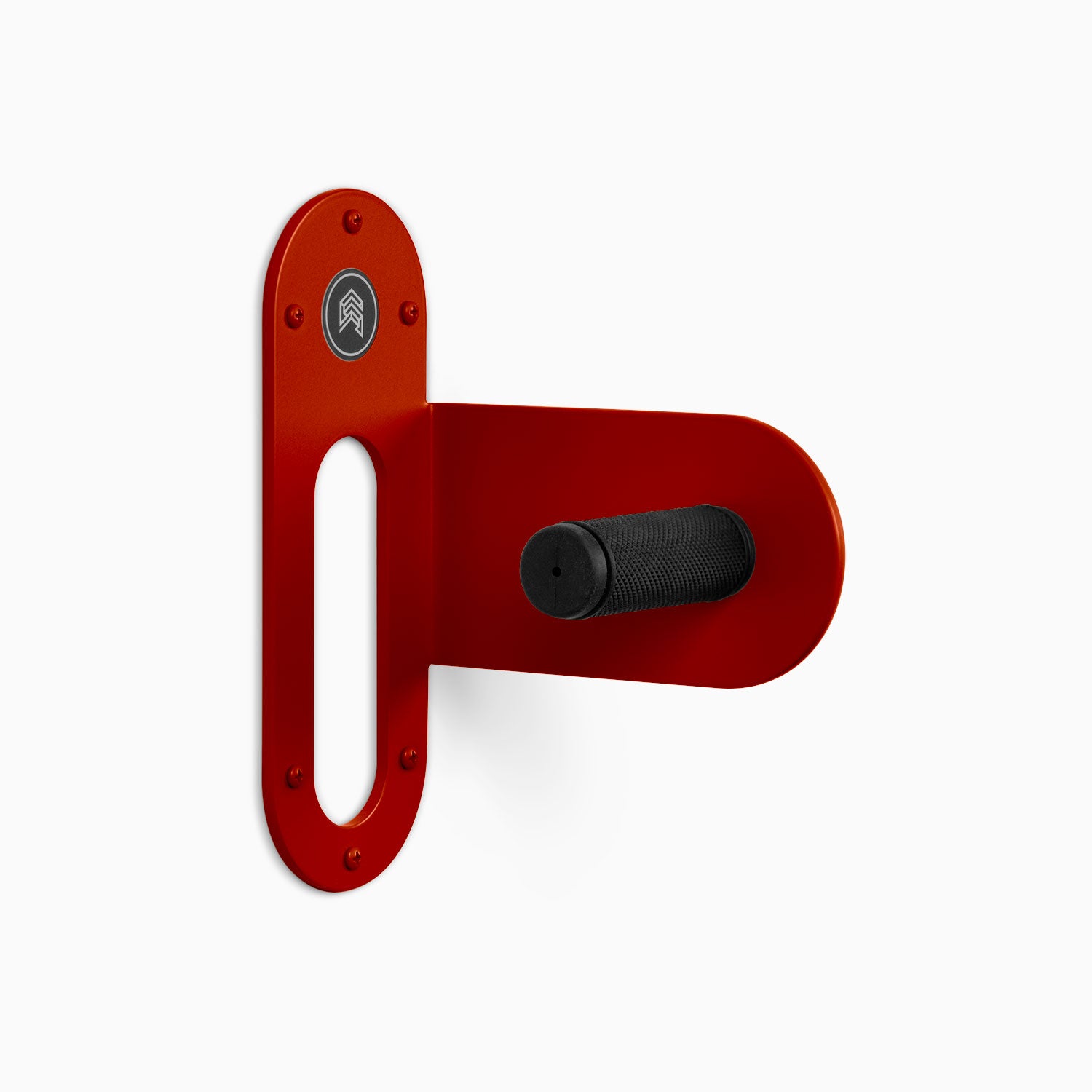 Spoke Bike Hanger – really red color, right orientation. Modern wall or ceiling-mounted bike hanger by Shelfology, USA-made powder coated steel.