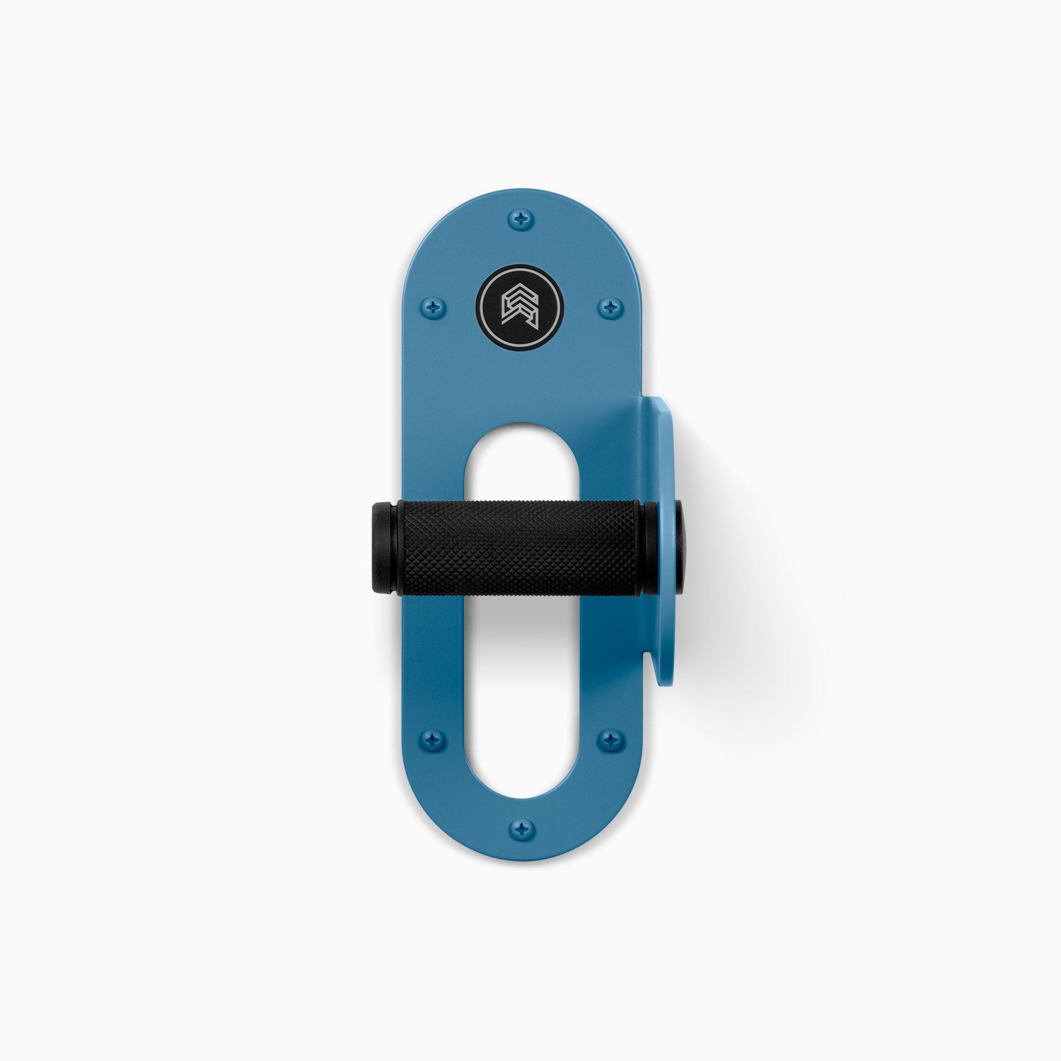 Spoke Bike Hanger – shelf geek blue, Right orientation. Modern wall or ceiling-mounted bike hanger by Shelfology, USA-made powder coated steel.