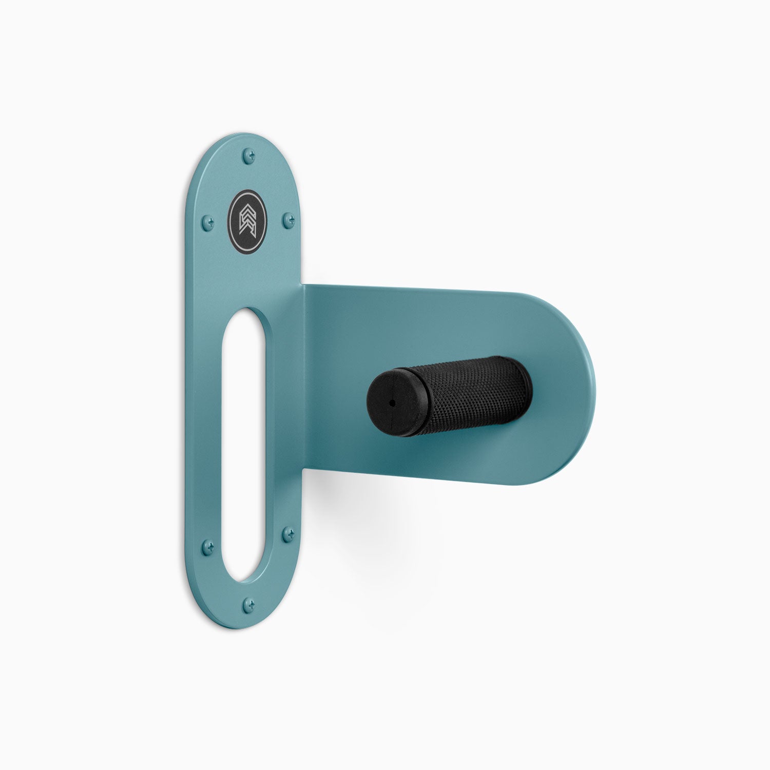 Spoke Bike Hanger – steely blue color, right orientation. Modern wall or ceiling-mounted bike hanger by Shelfology, USA-made powder coated steel.