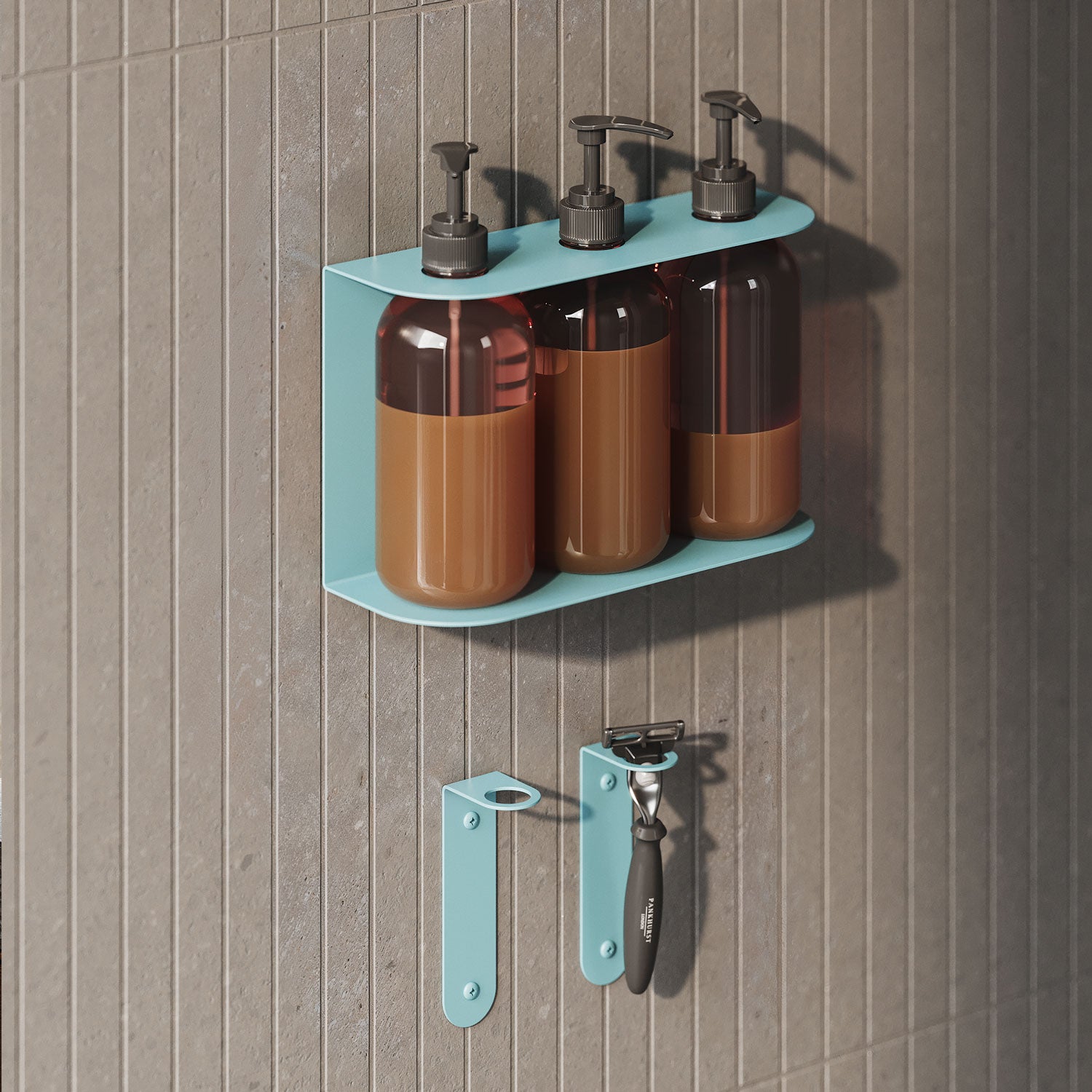 Soap Opera Shower Dispenser in a sleek blue metal wall mount holding three pump bottles with two matching blue wall hooks below, ideal for bathroom organization.
