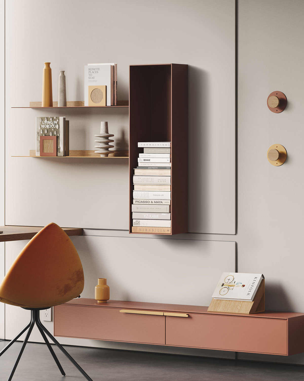 Minimalist living room with wood wall shelves displaying books and decor above a low cabinet and sculptural chair