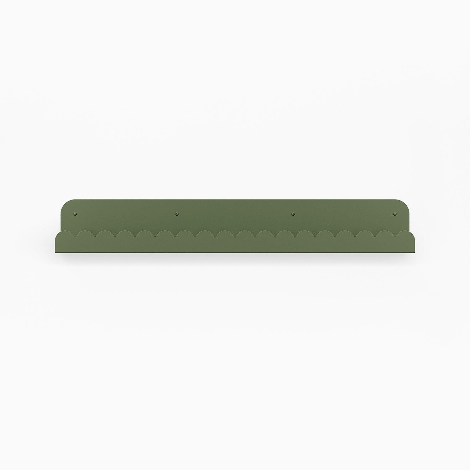 Mini Bubble Picture Ledge in muted army green steel with scalloped edge for functional wall shelf display and organization