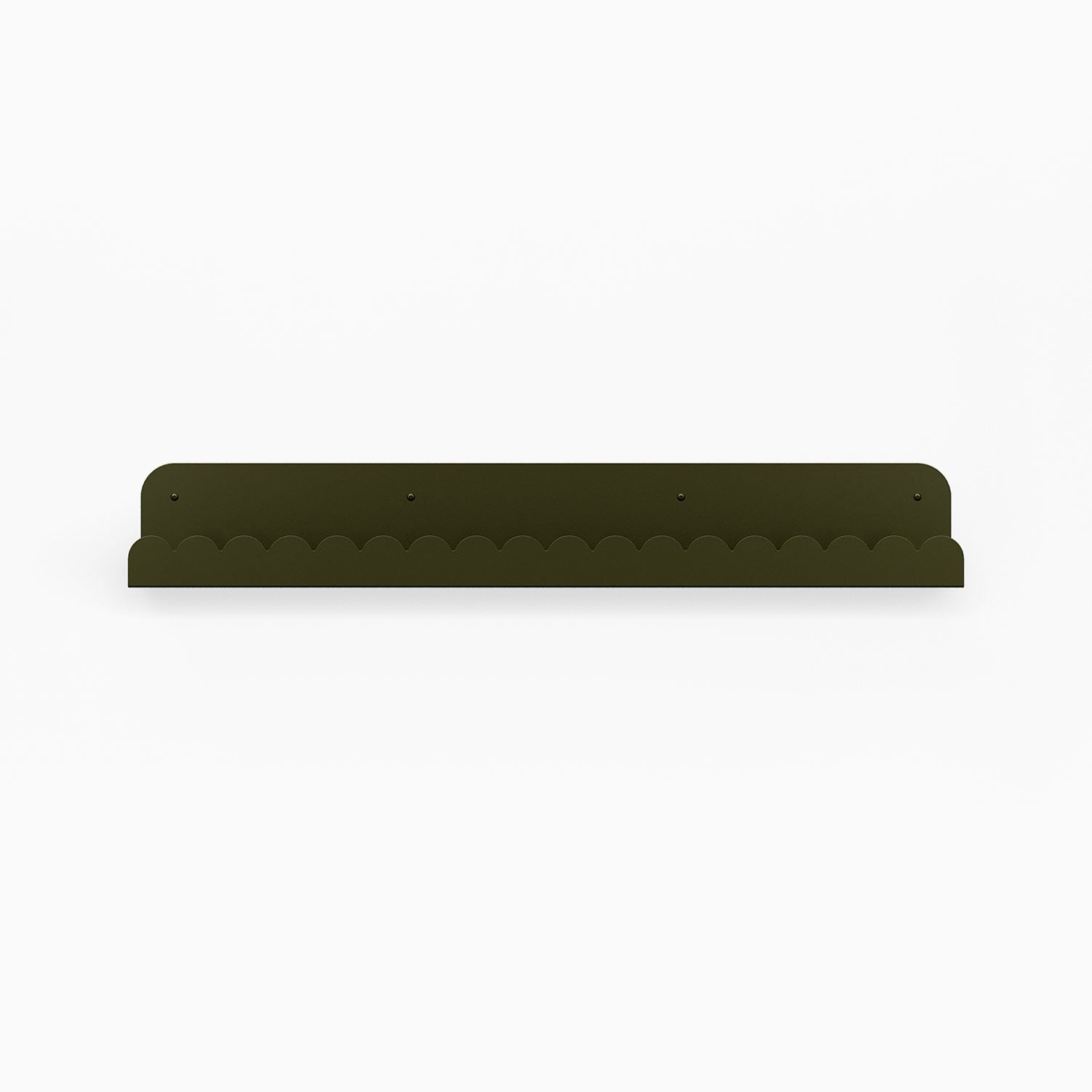 Mini Bubble Picture Ledge in forest green steel with scalloped edge for minimalist wall shelf display and organization