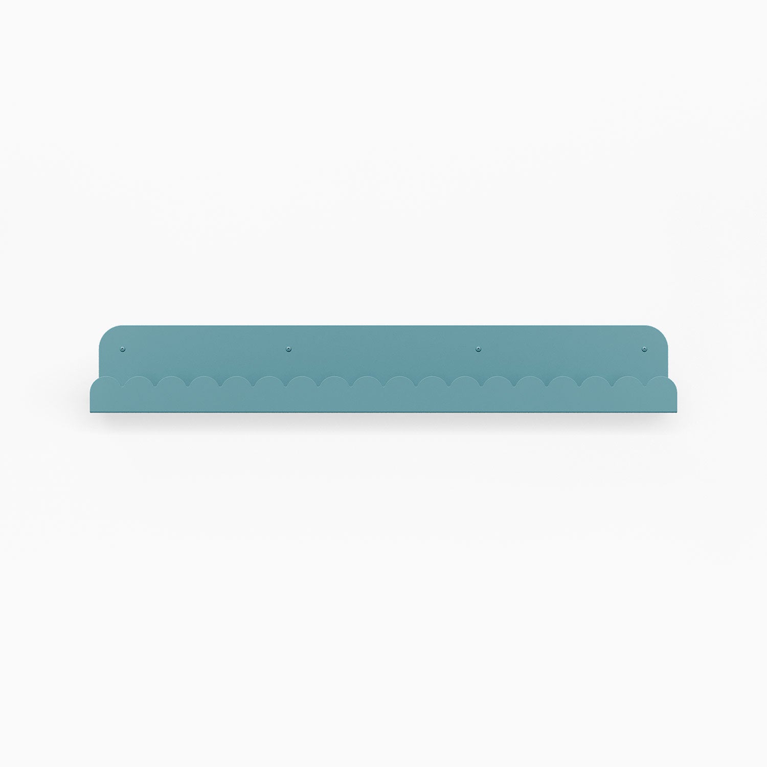 Mini Bubble Picture Ledge in steely blue steel with scalloped edge for minimalist wall shelf display and organization
