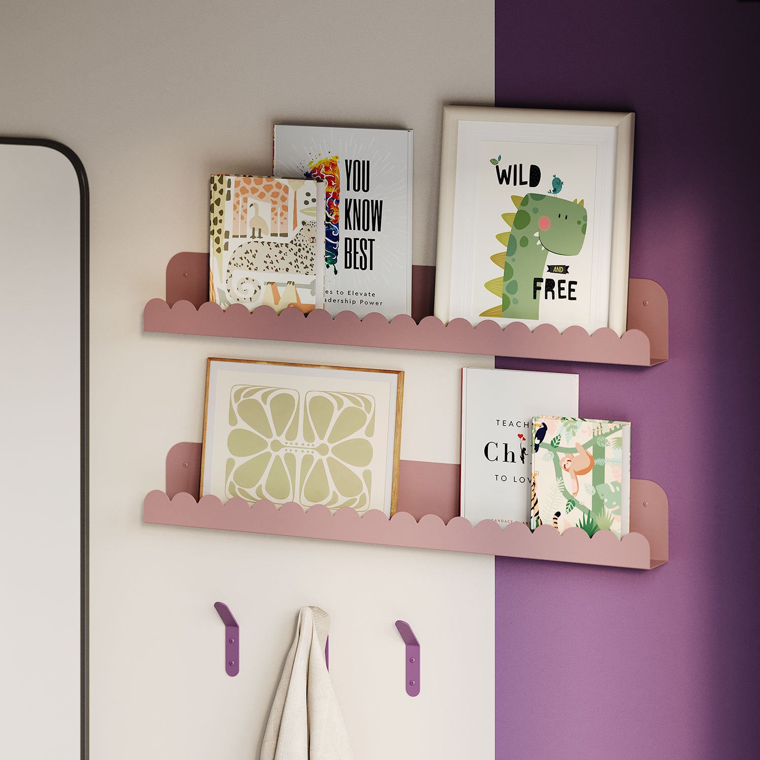 Purple steel display ledge with books and art displayed against a purple and white wall. With three steel purple hooks below it and one holding a jacket.