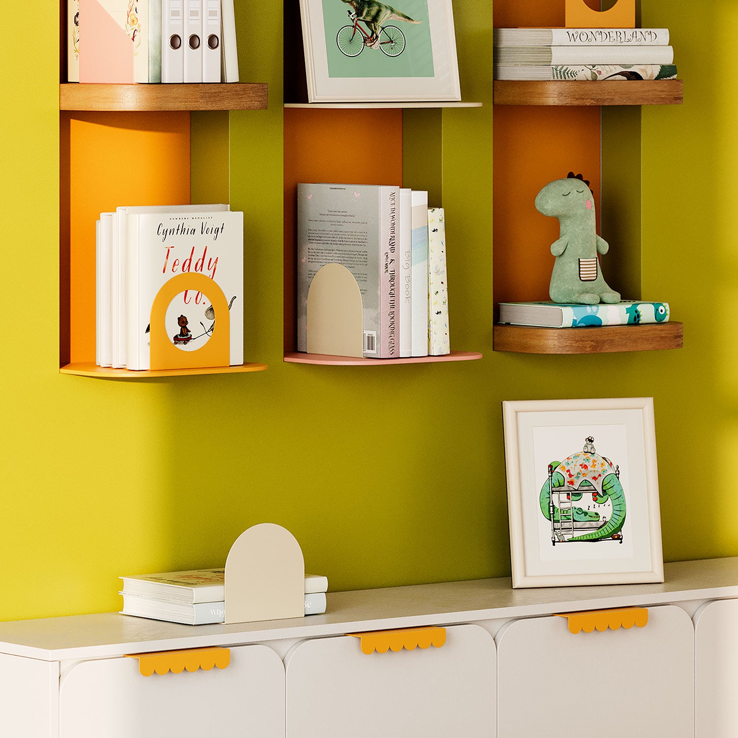 Bubble Cabinet Pull in warm sandstone with soft scalloped edges for durable, minimalist floating shelf hardware design in kids' room