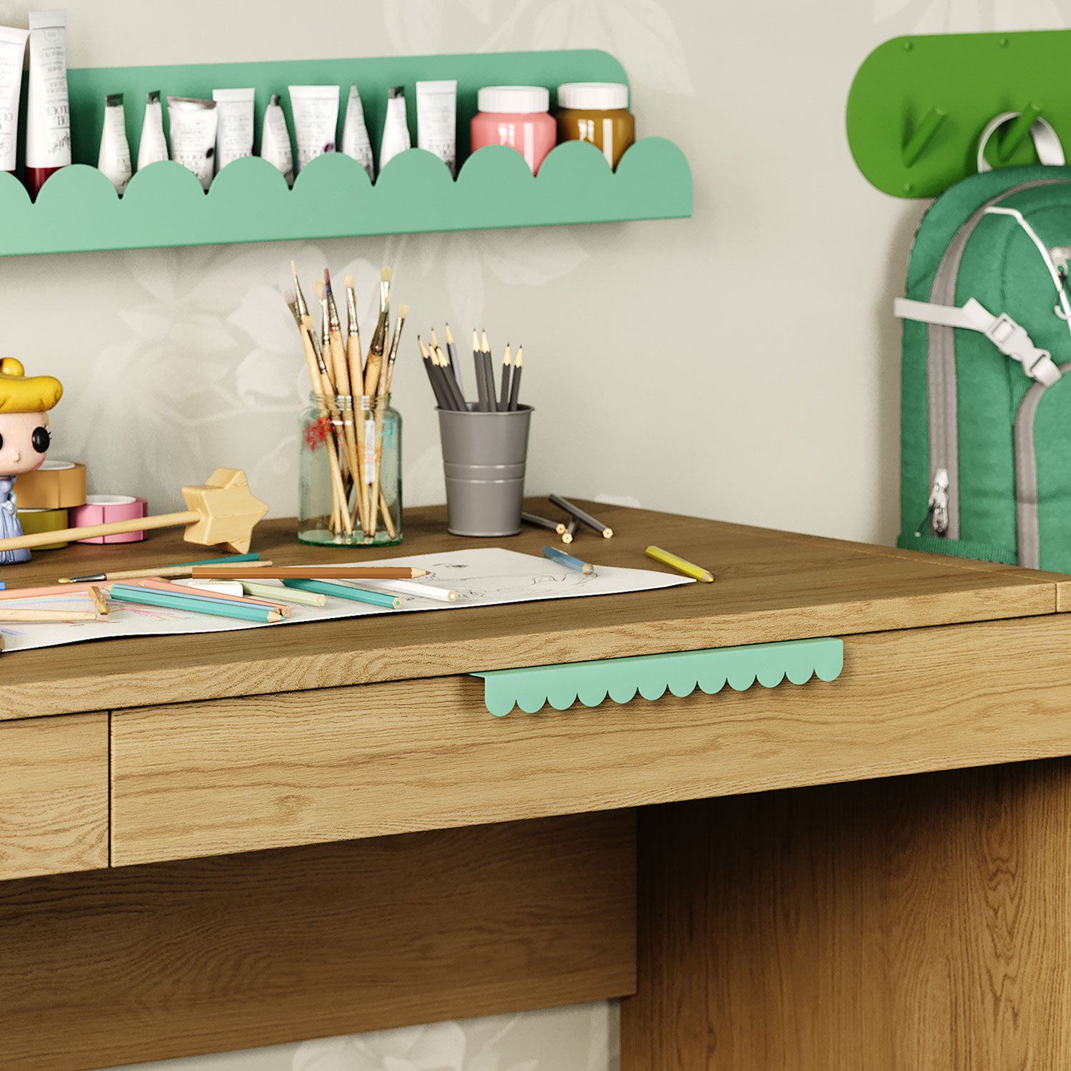 Bubble Cabinet Pull in soft mint green with playful scalloped edges for durable, minimalist floating shelf hardware design