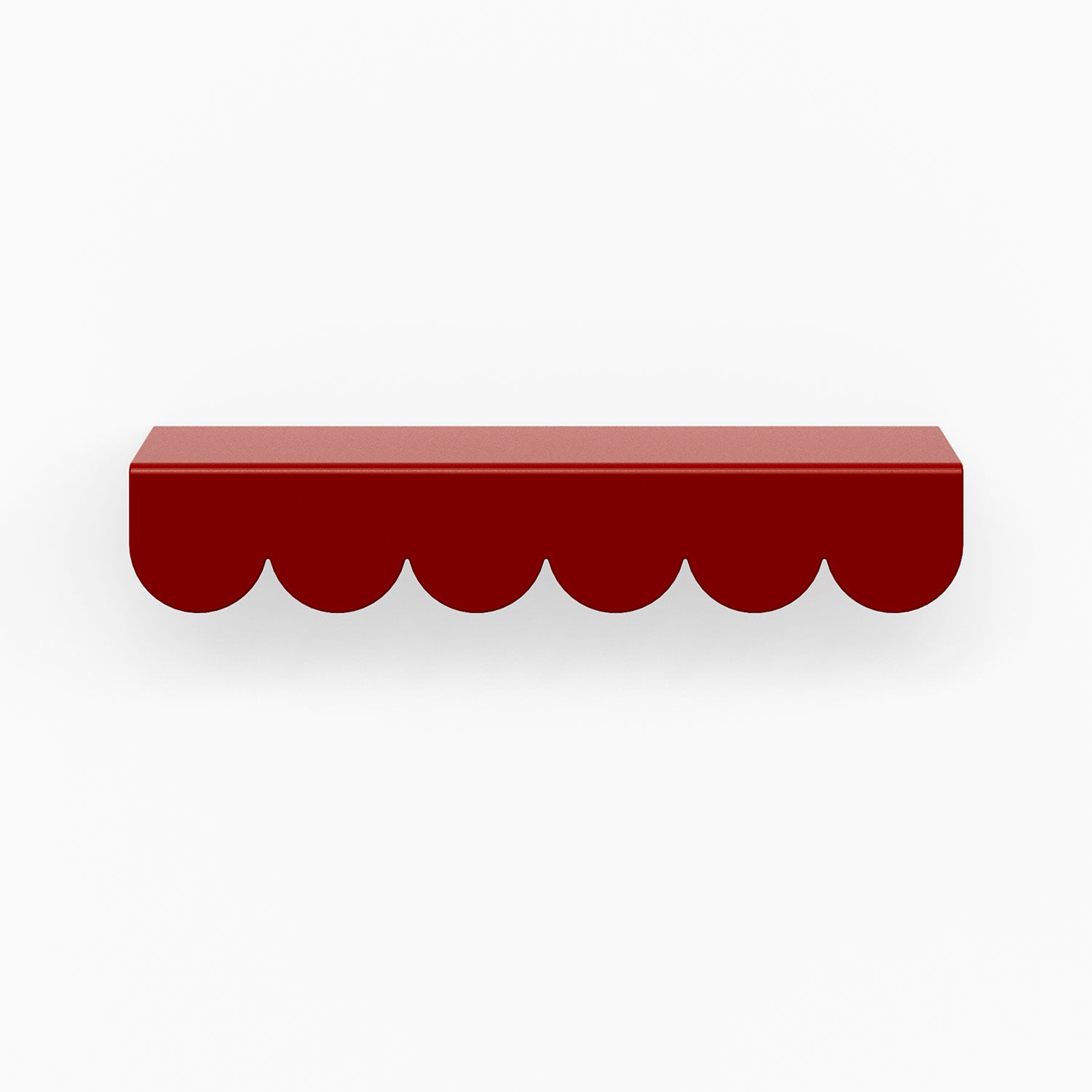 Bubble Cabinet Pull in rich red with playful rounded scallops for functional and stylish floating shelf hardware design