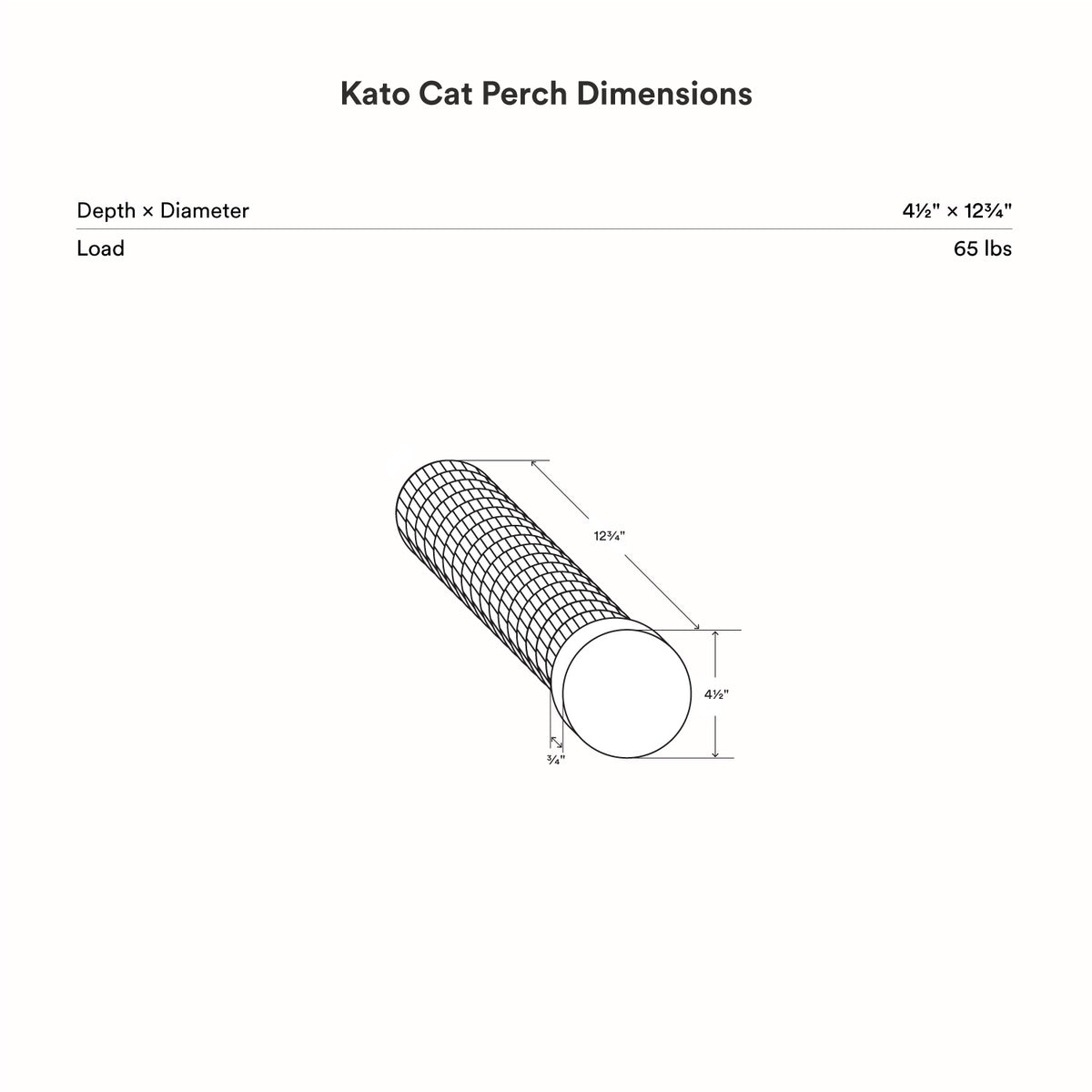 Measurement diagram for Kato Wall Mounted Cat Perch showing 12 1/2 inch depth, 4 1/2 inch diameter, and 65 pound load capacity