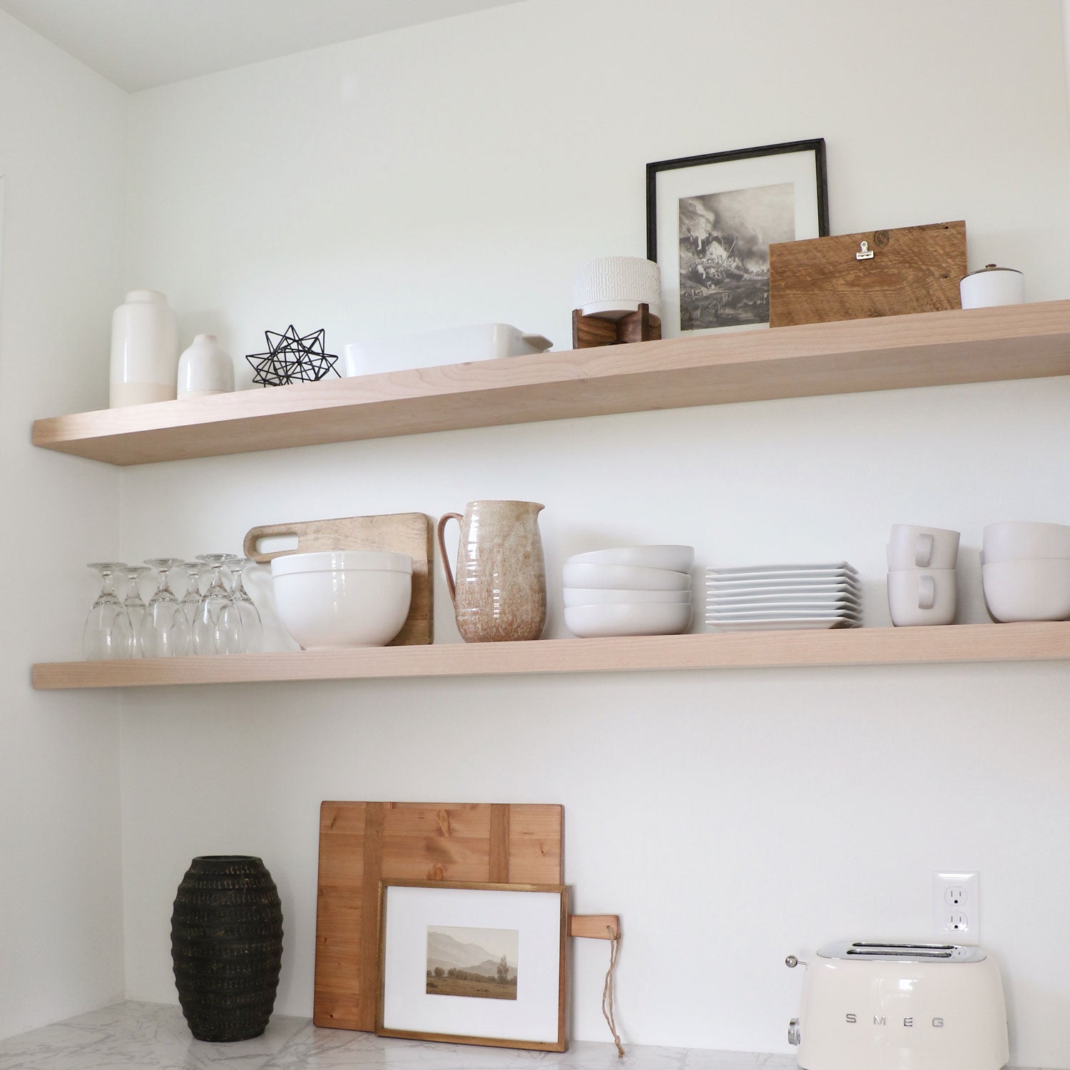 Aksel Maple Floating Shelf — 50" length x 12" depth x 1.75" Thick — Clearance floating shelves styled with neutral kitchenware and decor