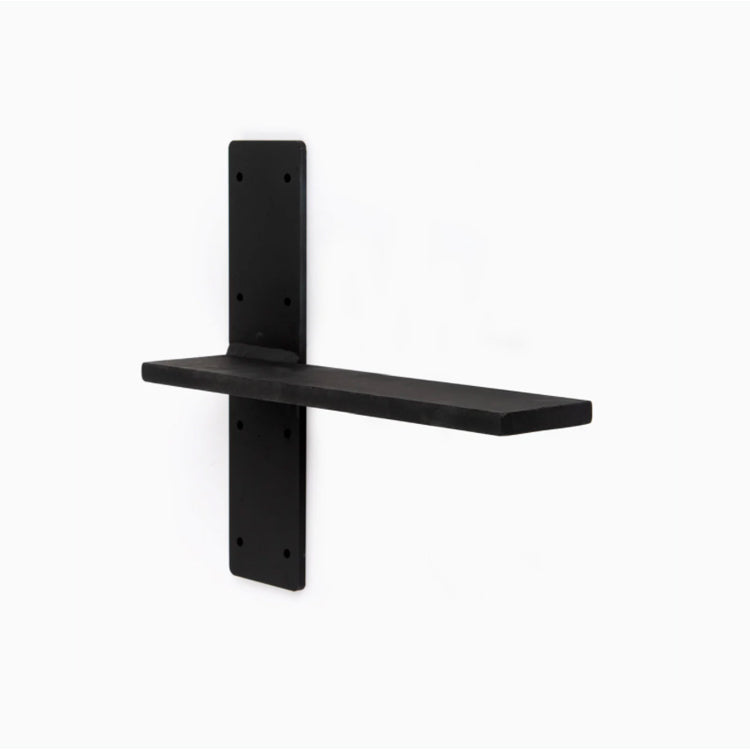 Matte black metal floating shelf bracket with clean lines designed for minimalist wall display and streamlined organization.