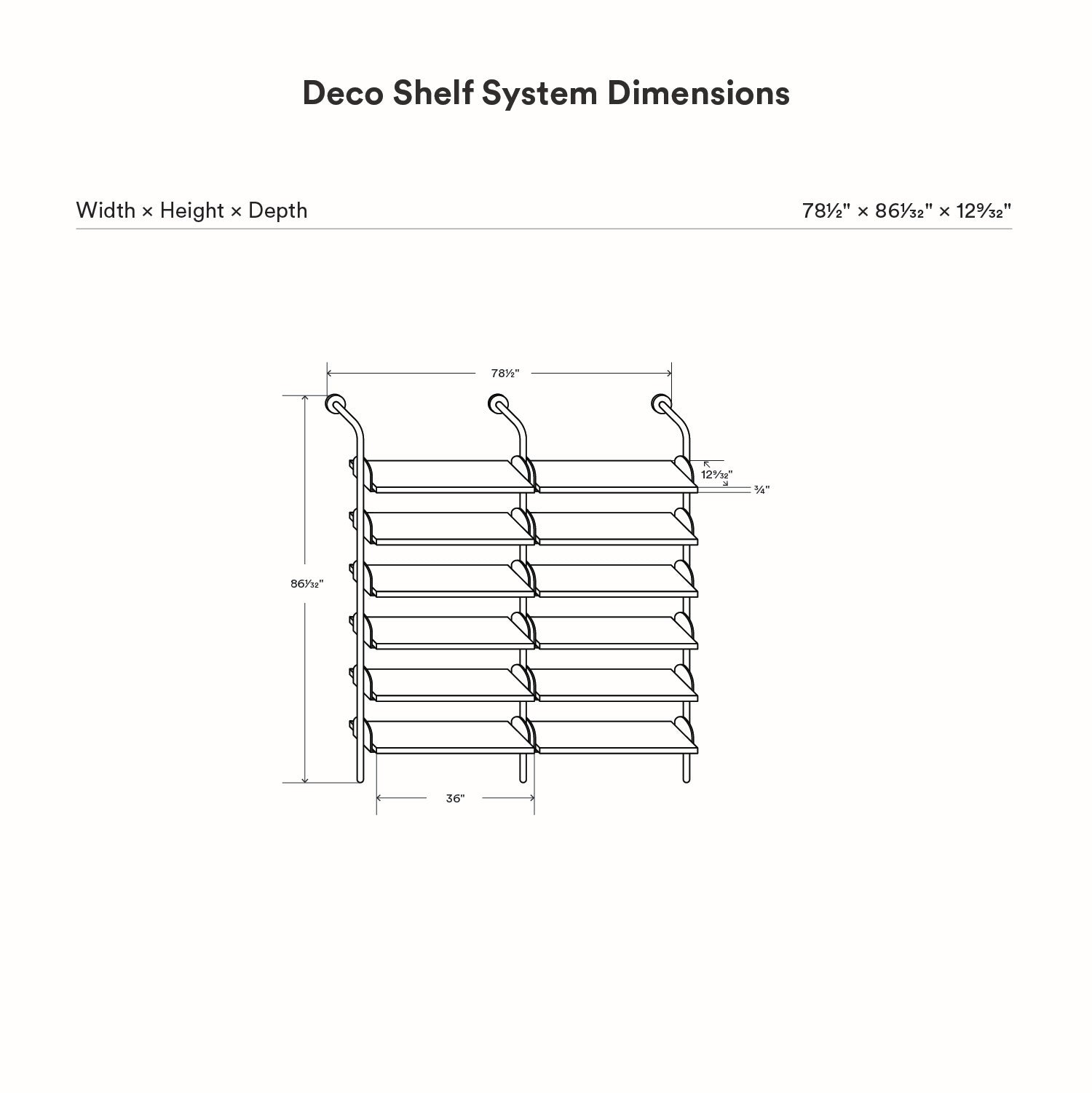 Deco Shelf System (Double Bay) technical drawing showing a two bay wall shelving system with multiple display shelves