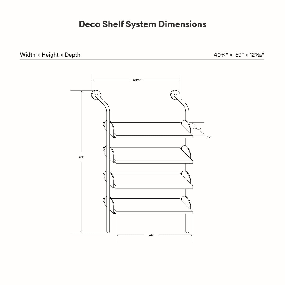 Deco 4-Shelf System - Single Bay dimension diagram showing four shelves with width height and depth measurements