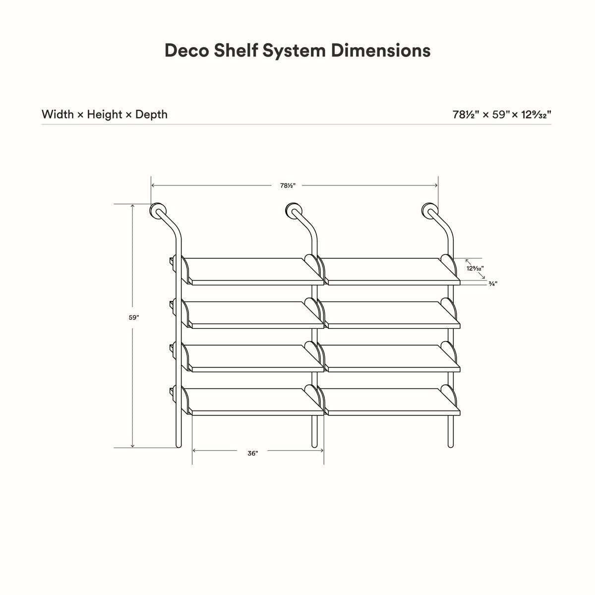Deco 4-Shelf System - Double Bay technical line drawing showing a double bay wall shelf with four tiers