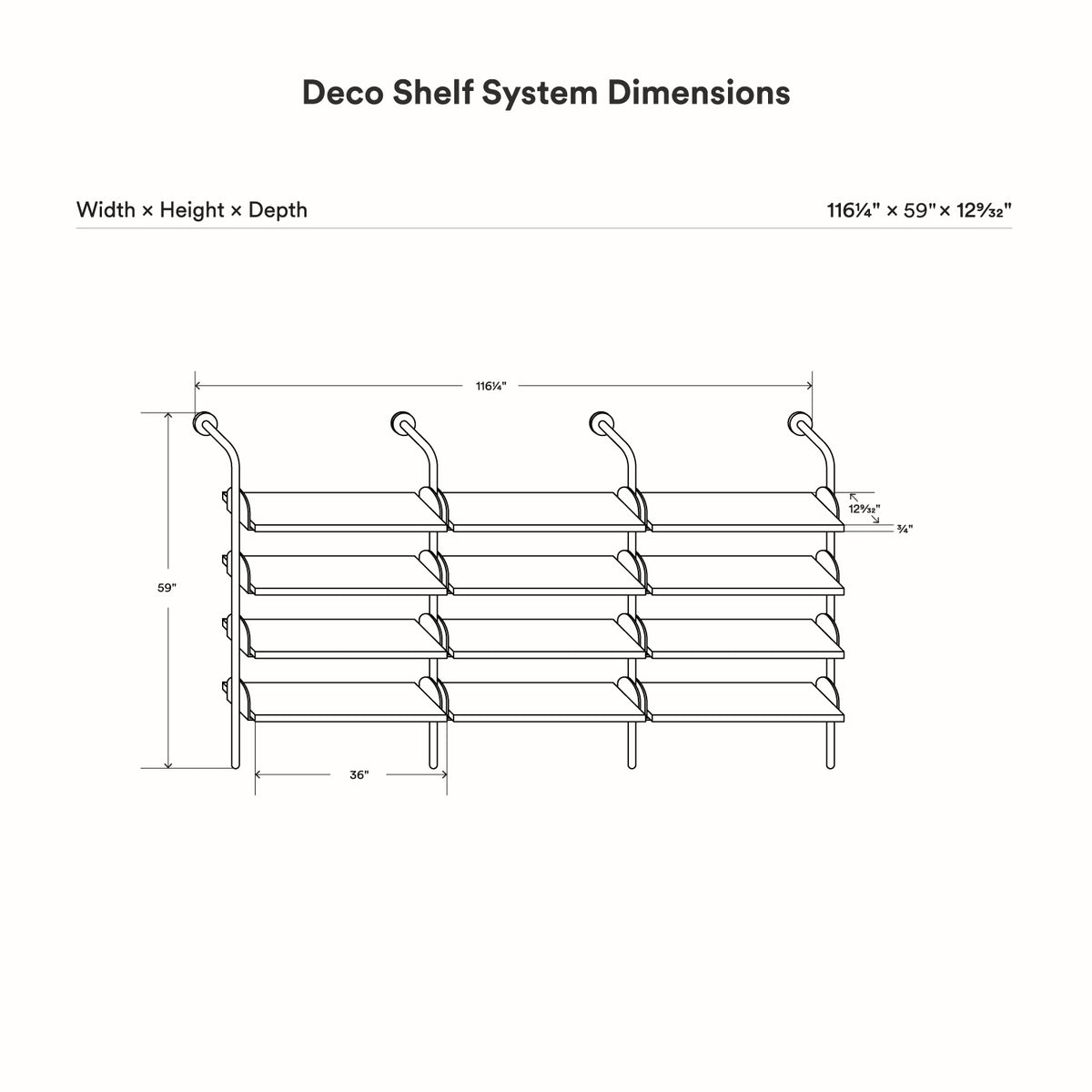 Deco 4-Shelf System - Triple Bay technical line drawing showing a three bay wall shelf layout with four tiers