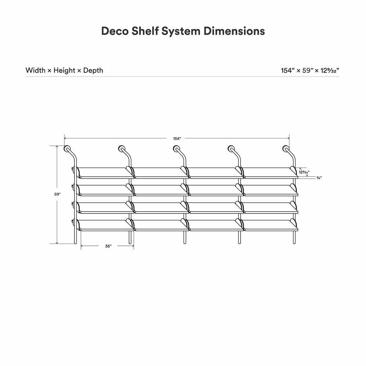 Technical line drawing showing a wall mounted shelf system with four horizontal shelves and multiple vertical support brackets