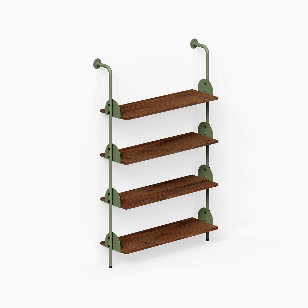 Deco 4-Shelf System One Bay with four wood shelves and green metal supports for organized wall display