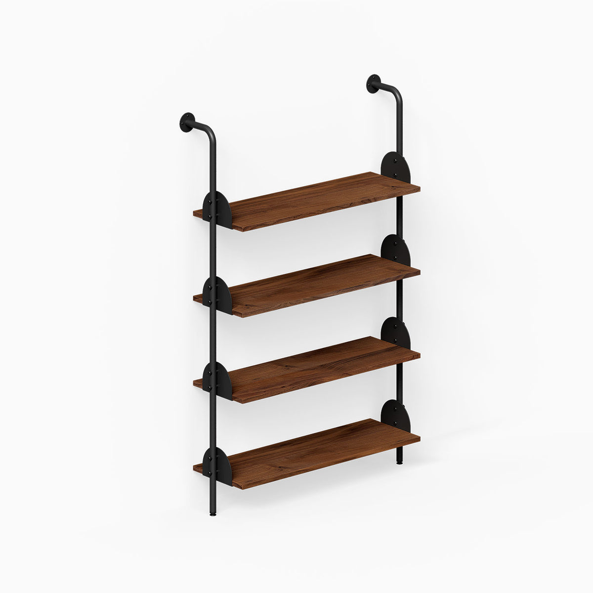 Deco 4-Shelf System One Bay wall shelf with four wood shelves and black metal supports for organized display