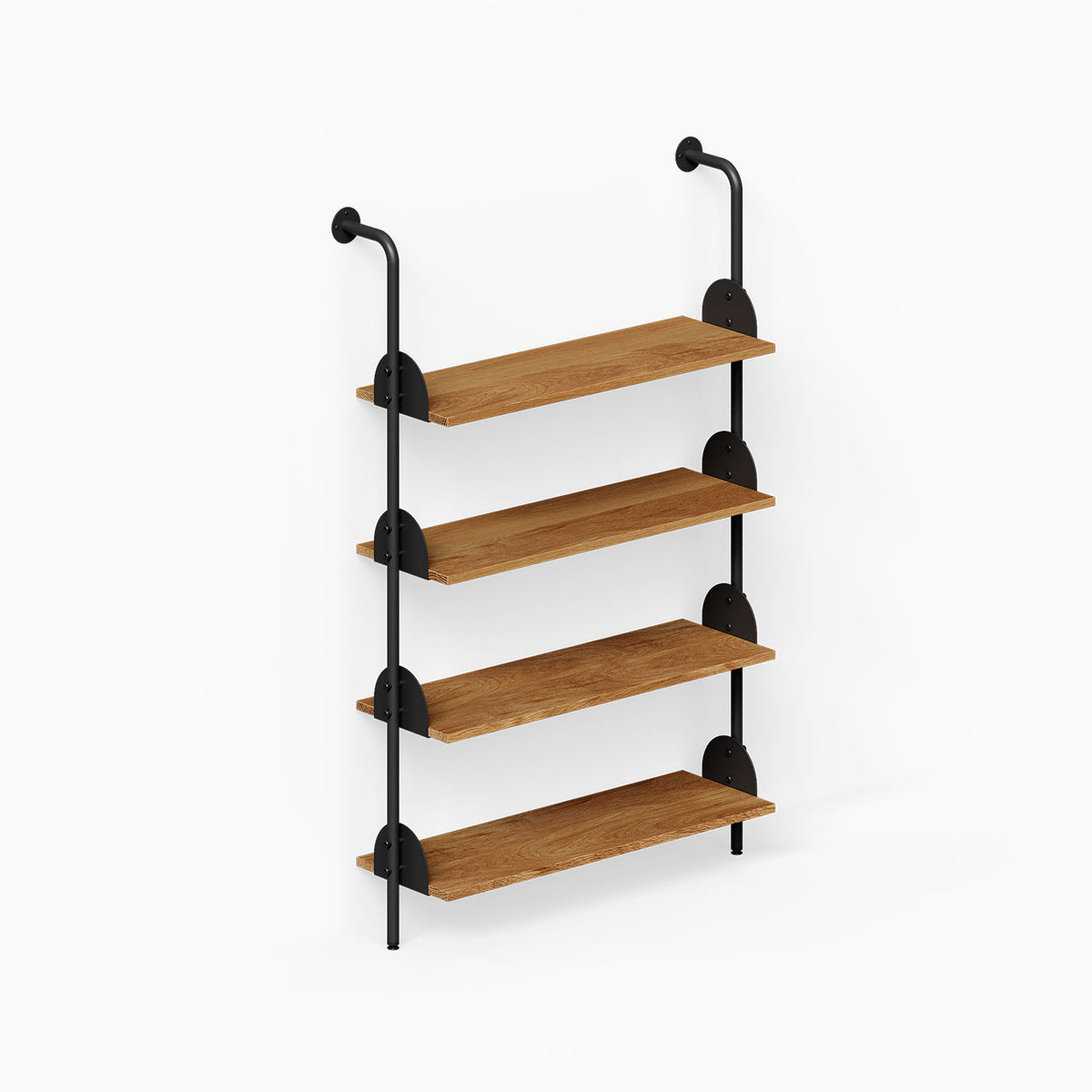 Deco 4-Shelf System One Bay with four wood shelves and black metal supports for wall mounted storage and display