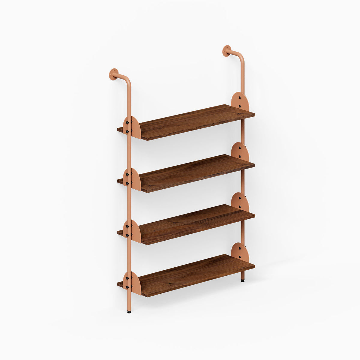 Deco 4-Shelf System One Bay with four wood shelves and copper toned vertical supports for organized wall display