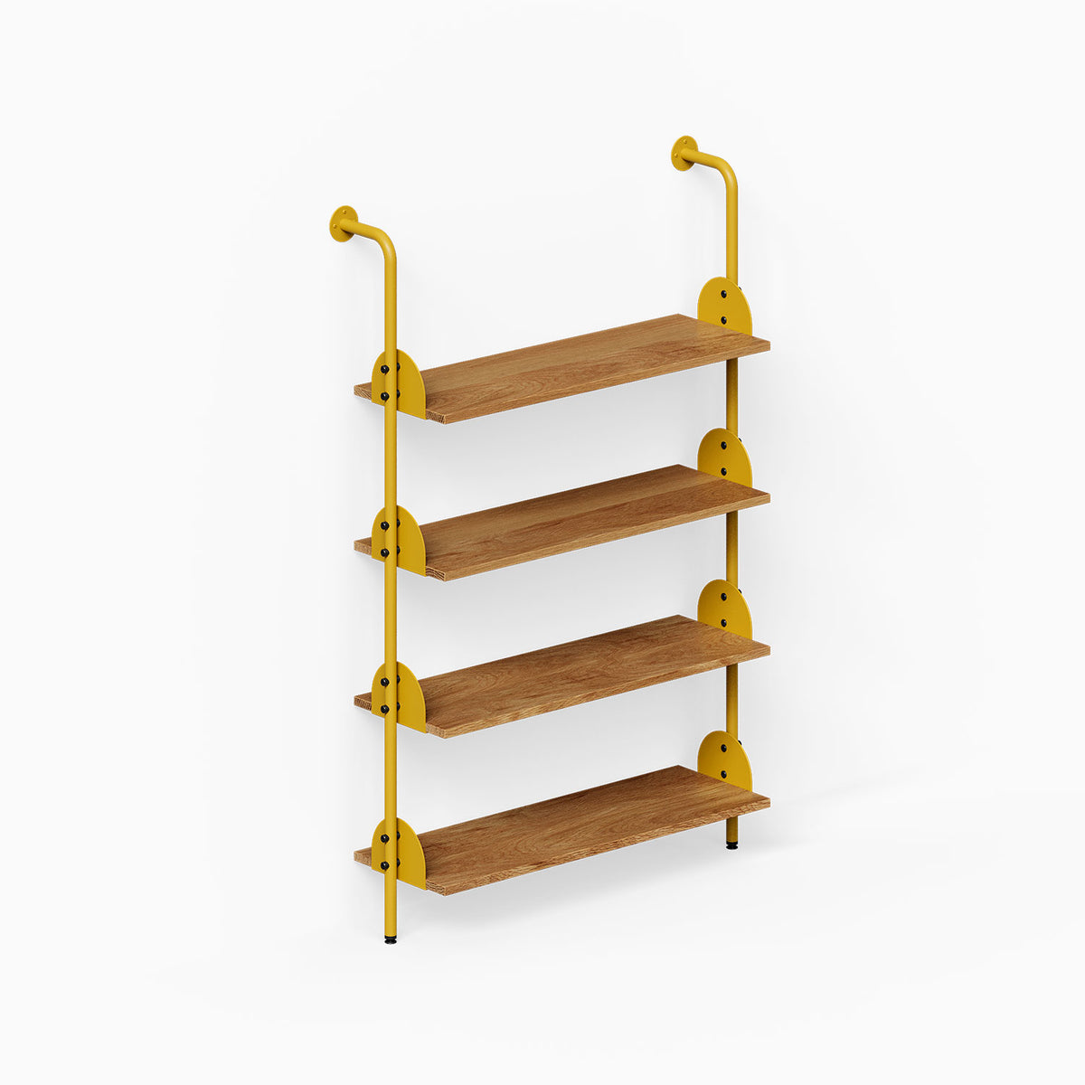 Deco 4-Shelf System One Bay with four wood shelves and gold metal supports for organized wall display