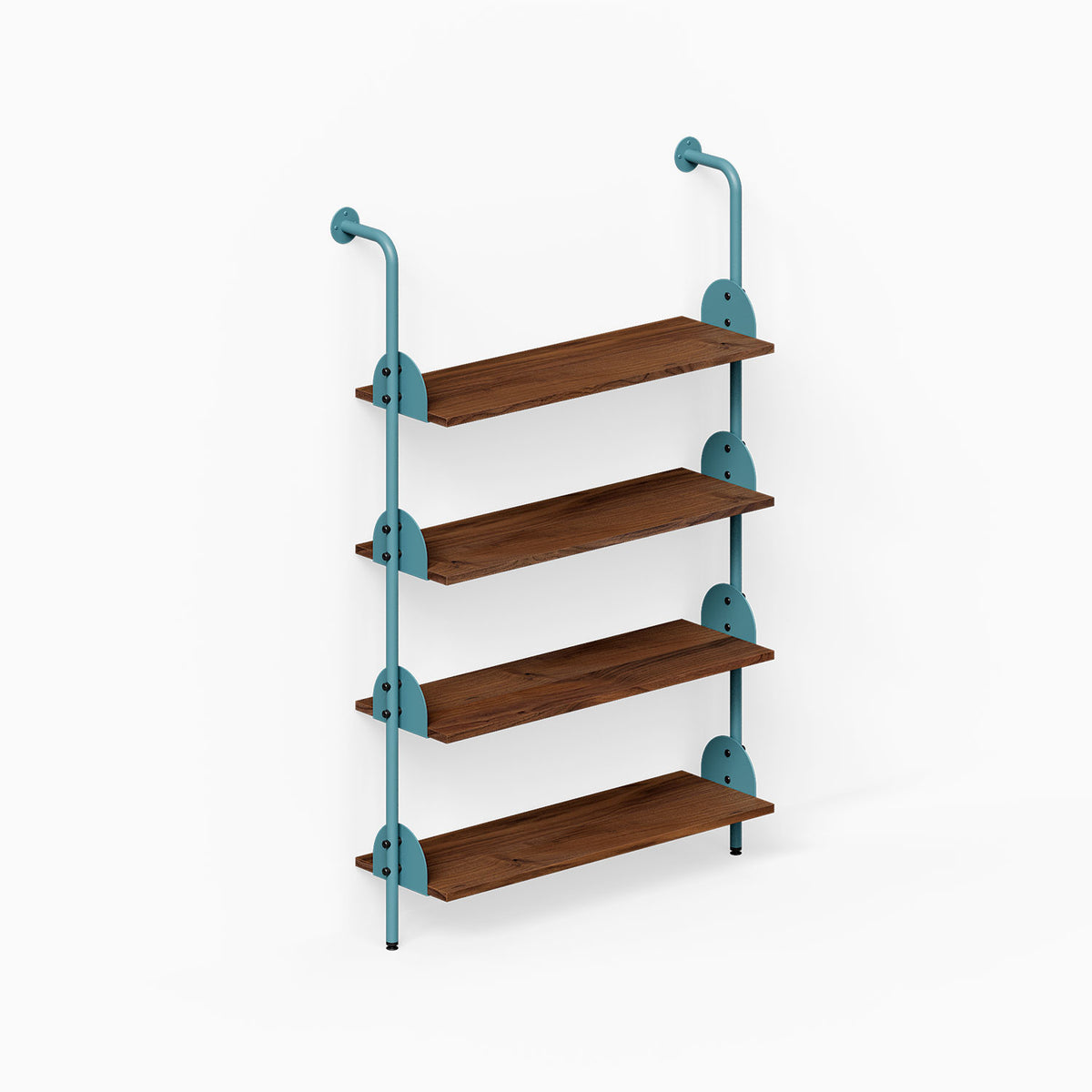 Deco 4-Shelf System One Bay with four wood shelves and teal metal supports for organized wall display
