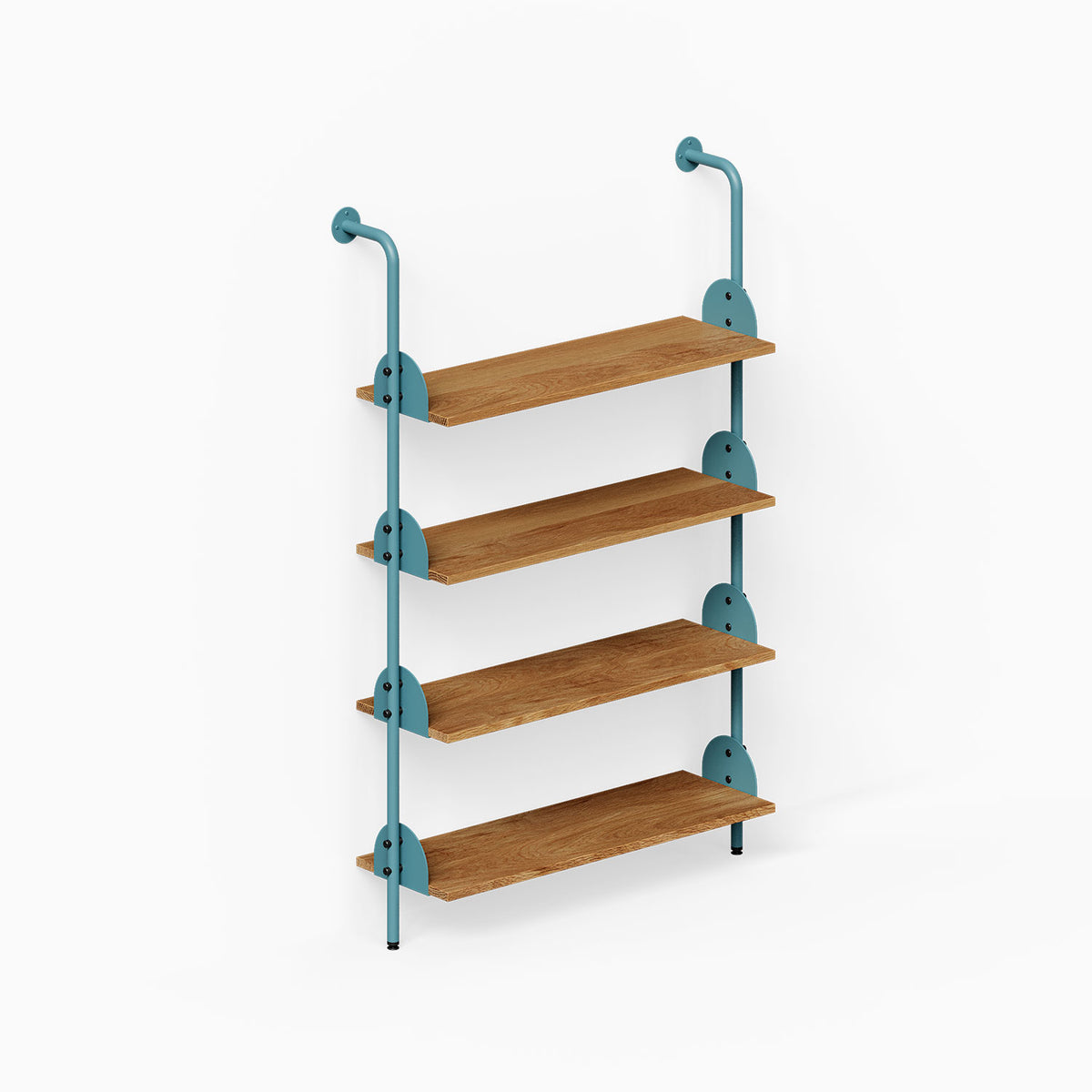 Deco 4-Shelf System One Bay with four wood shelves and teal metal supports for organized wall display