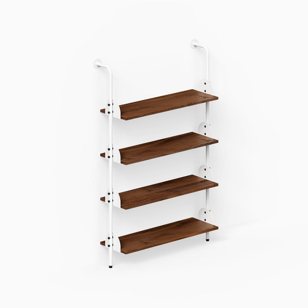 Deco 4-Shelf System One Bay with four wood shelves and white metal supports for organized wall display