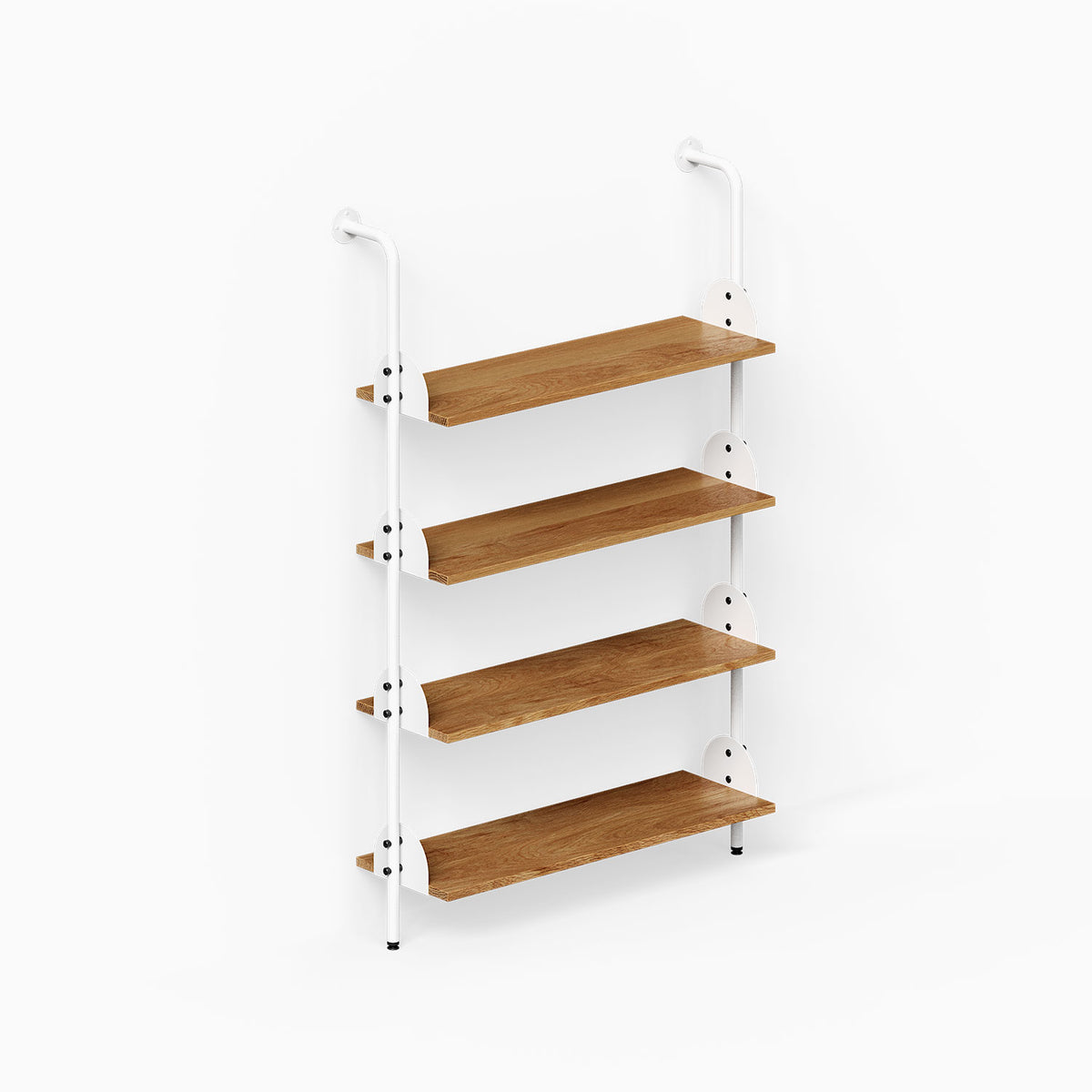 Deco 4-Shelf System One Bay with four wood shelves and white vertical supports for organized wall display